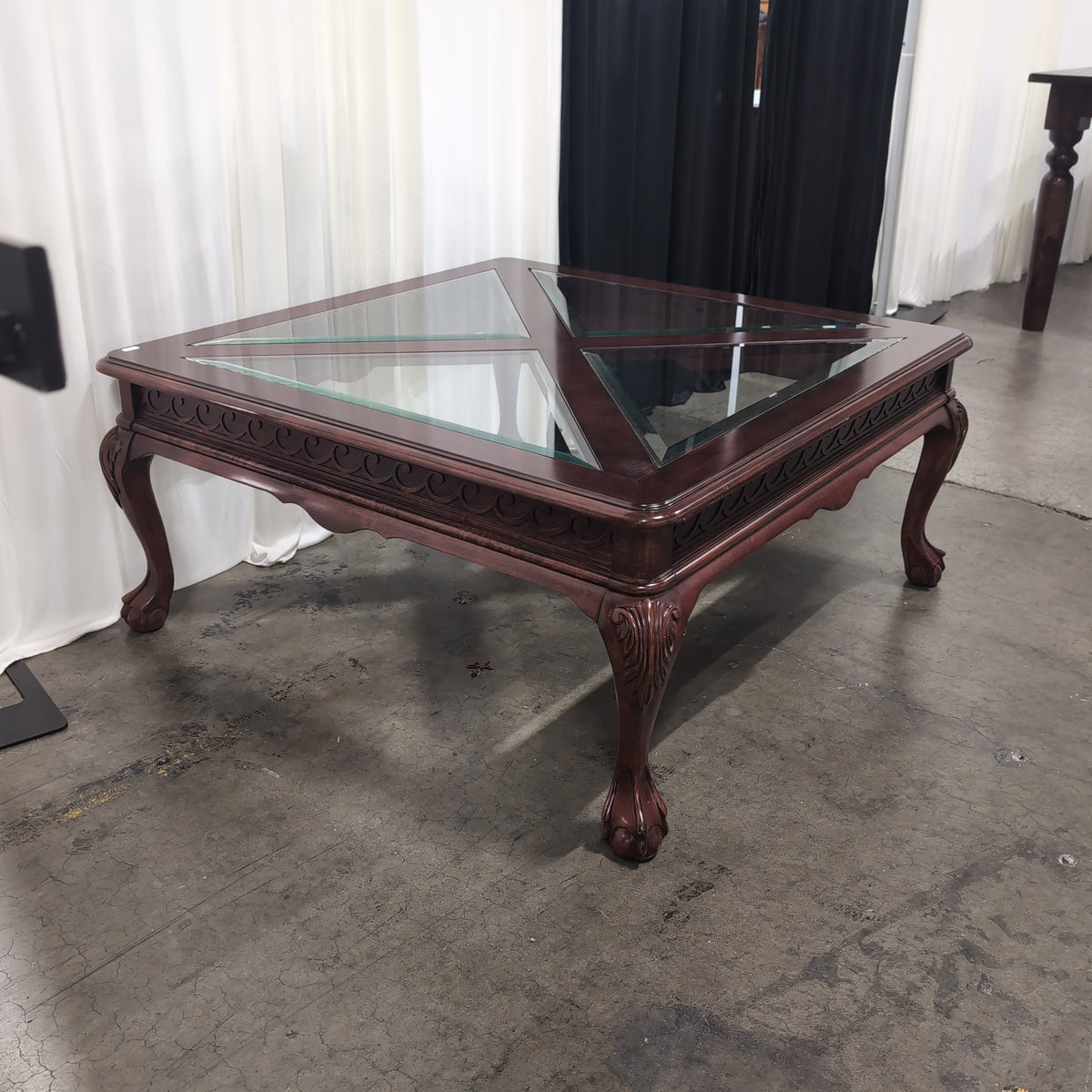 Traditional Dark Wood Square Coffee Table with Glass Top