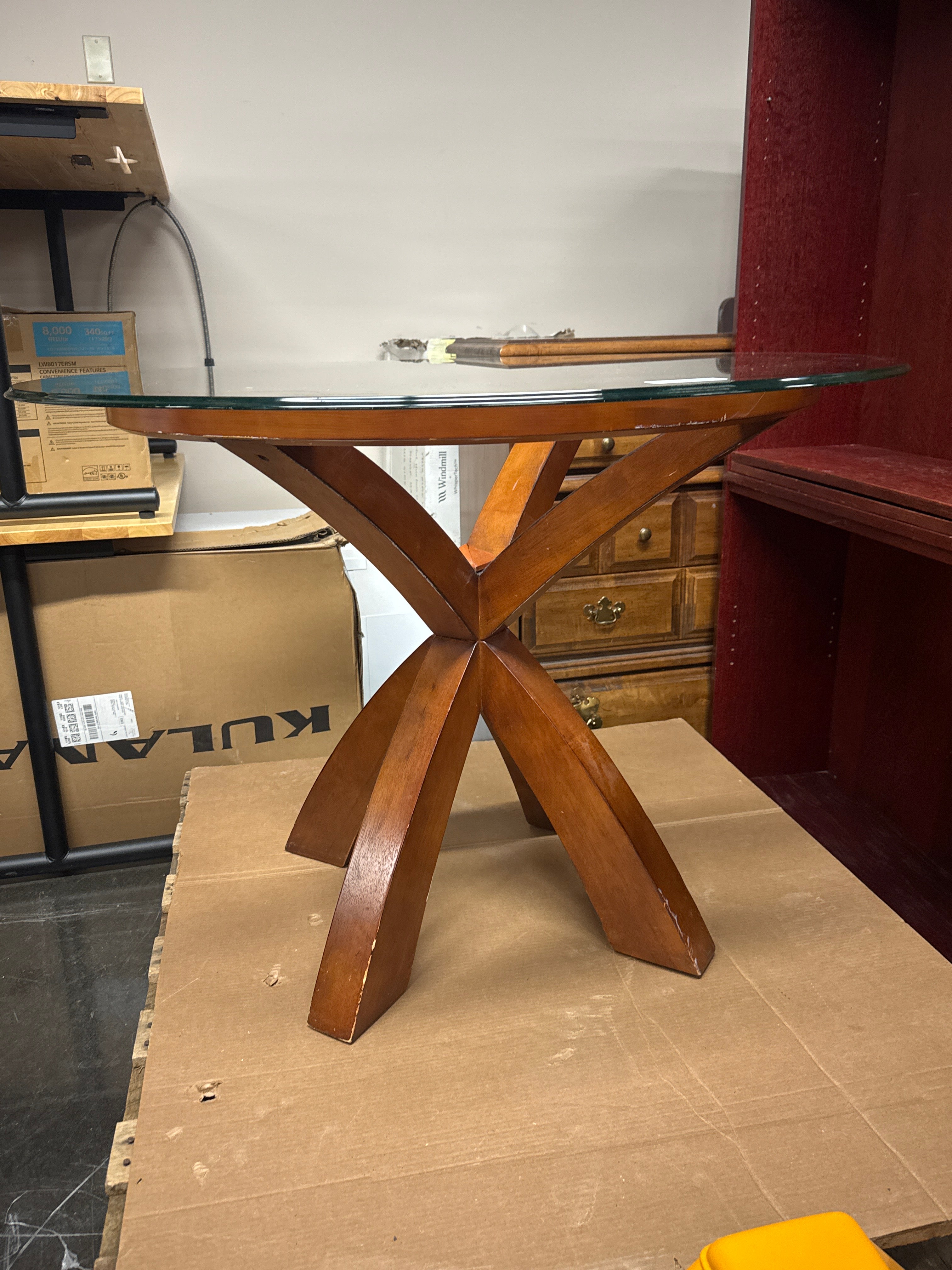 Round Glass Top Dining Table with Wood X-Base