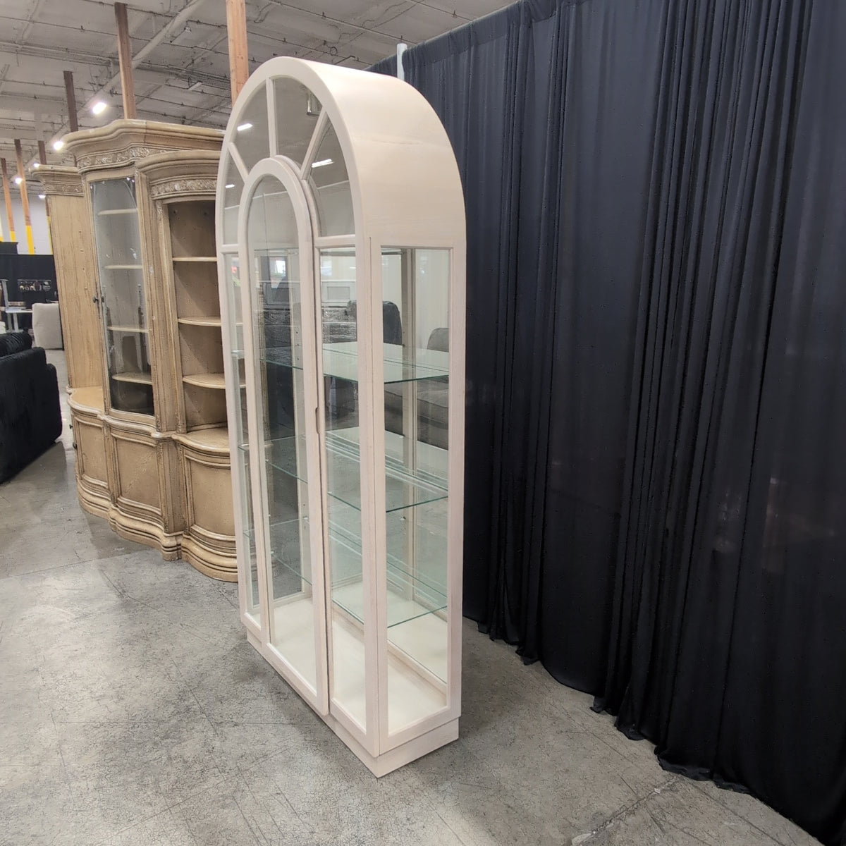 Light Wood Arched Top China Cabinet with Glass Shelves