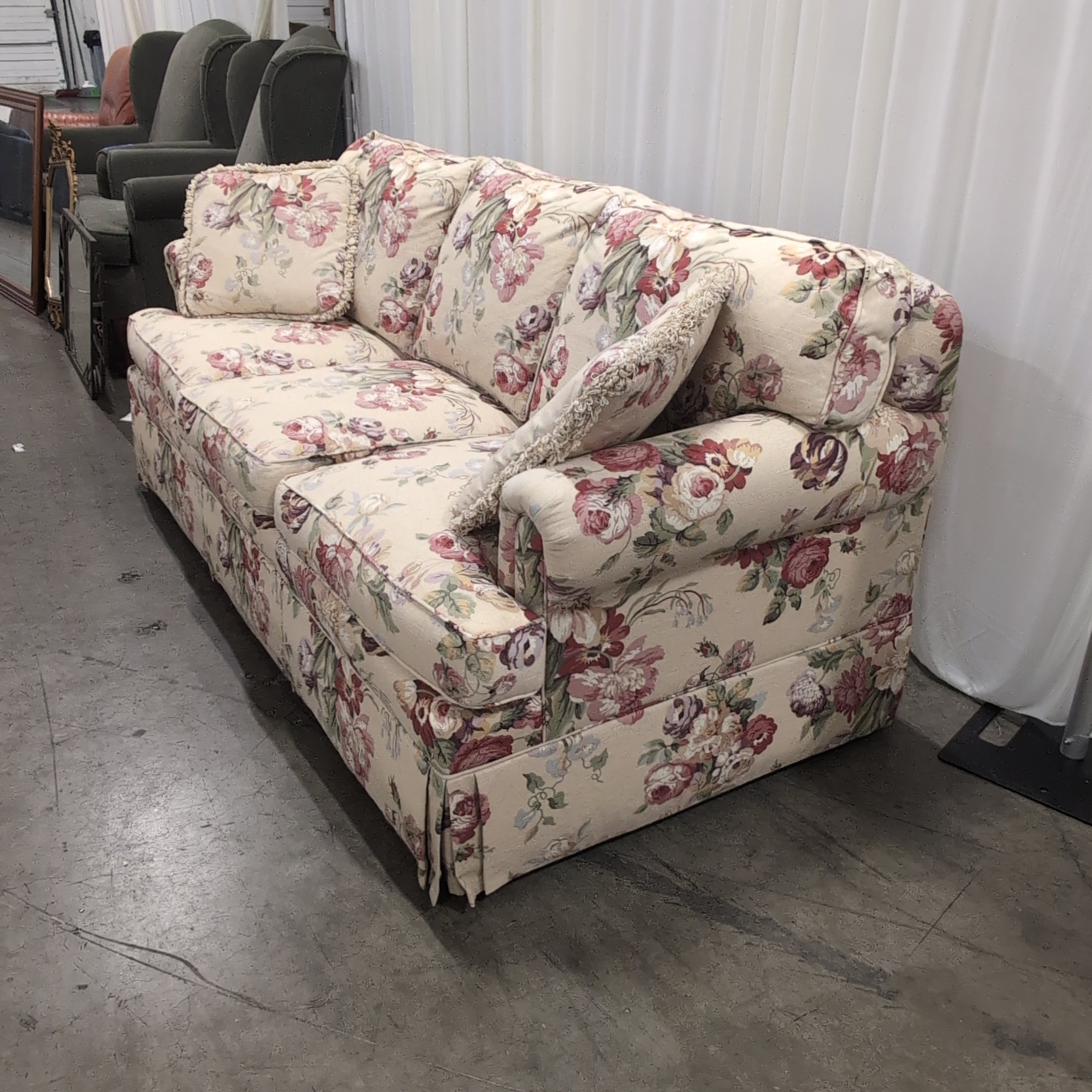 Ethan Allen Cream Floral Rolled Arm Three-Seat Couch