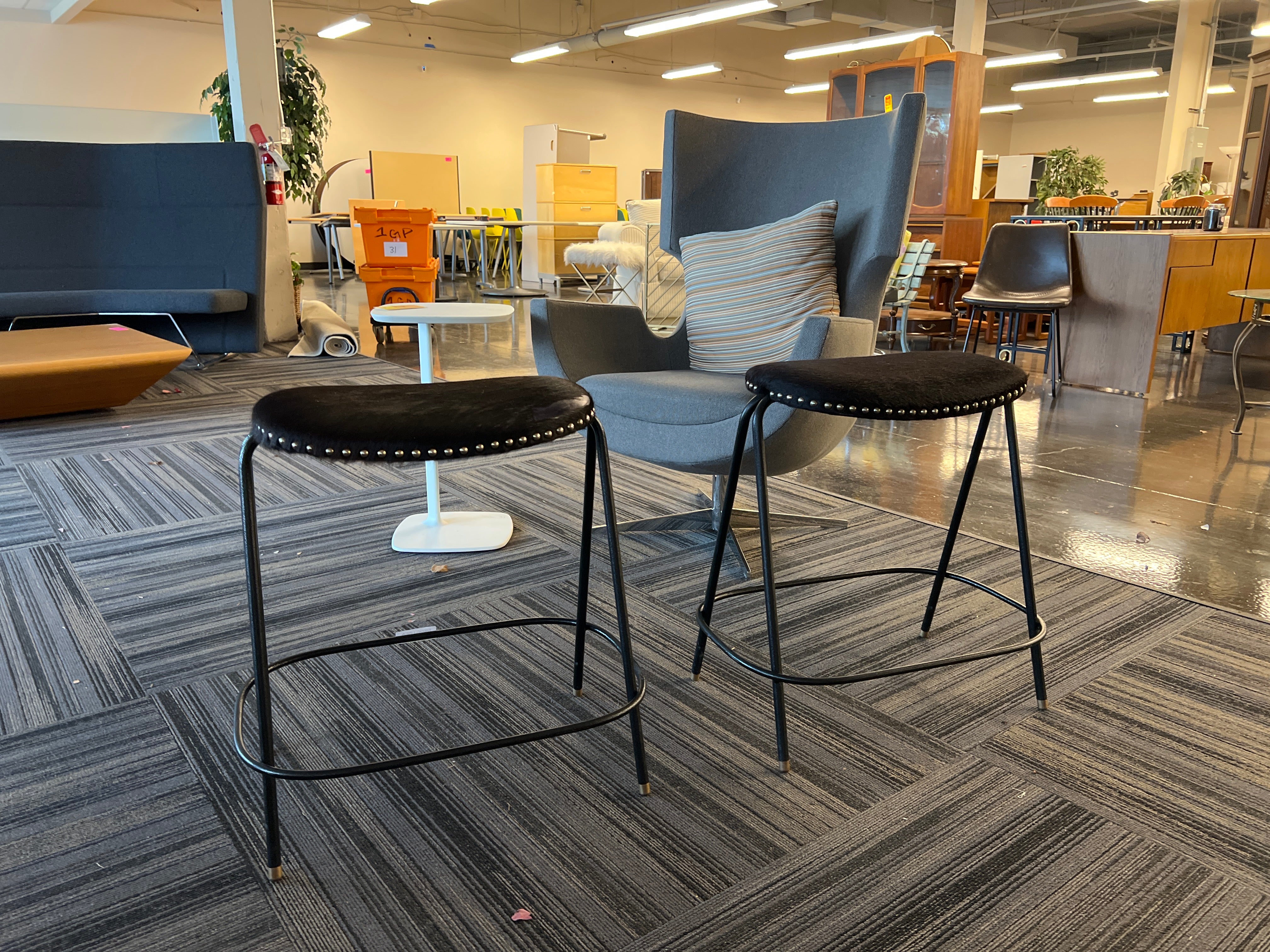 Modern CB2 Metal-Leg Cowhide Counter Stools