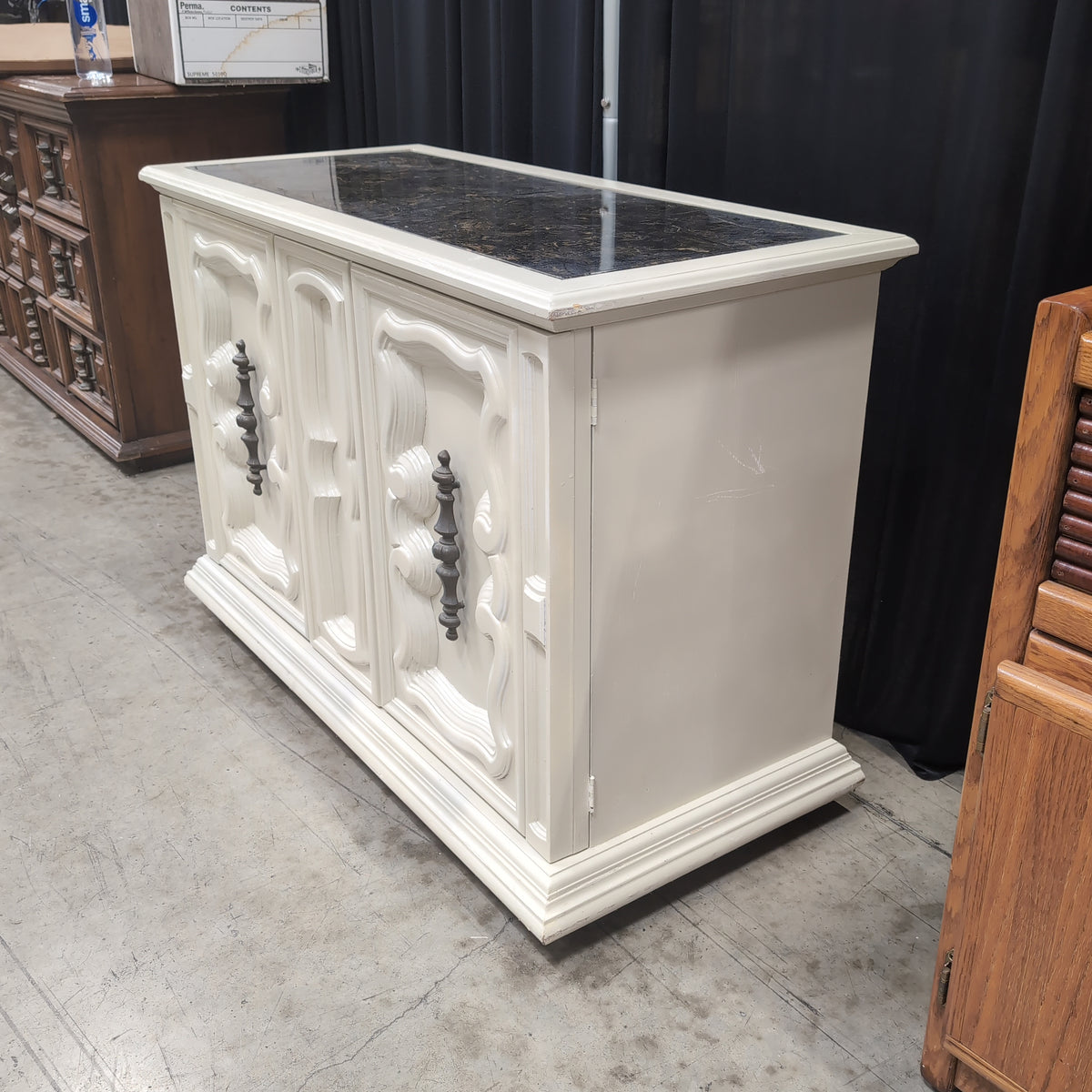 Cream Ornate French Provincial Style Buffet with Dark Top