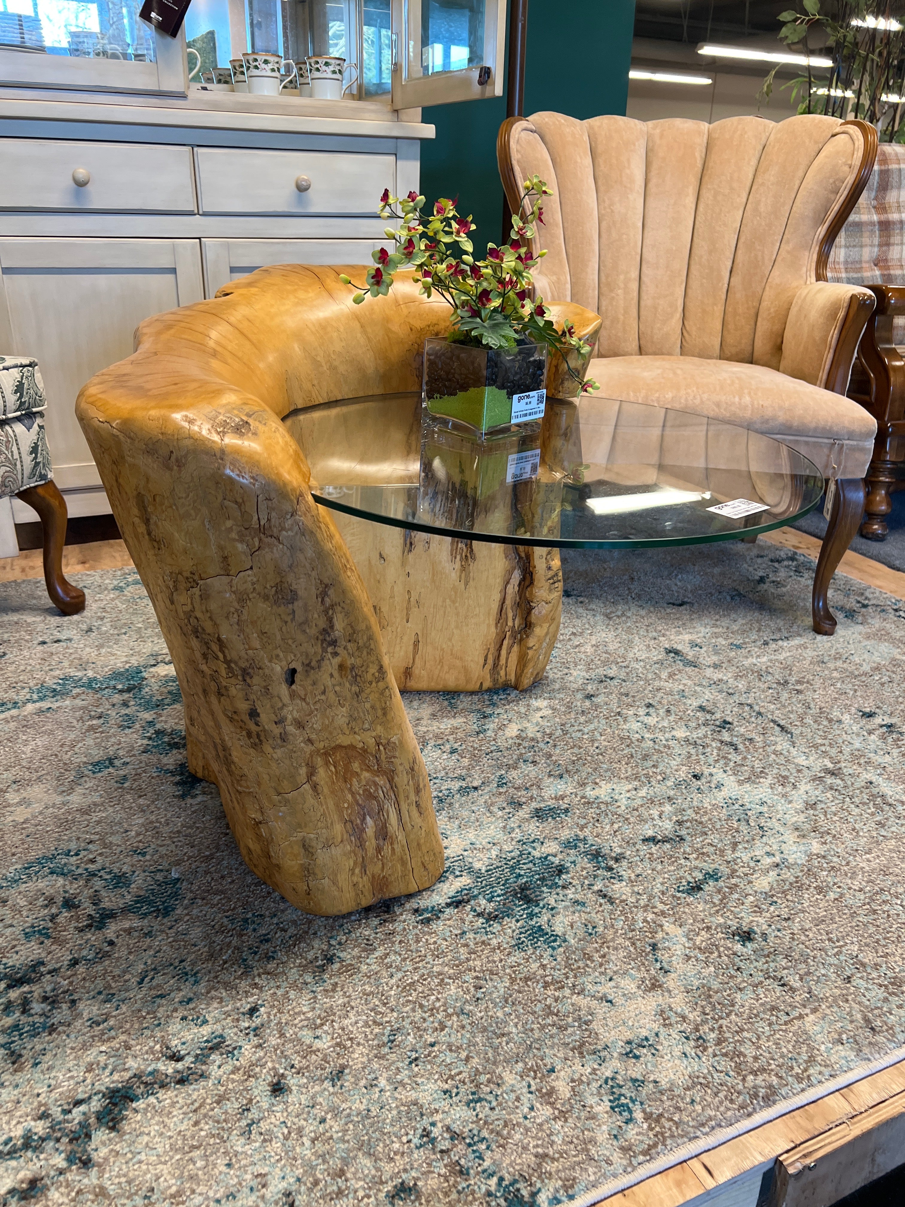 Rustic Live Edge Wood Coffee Table with Round Glass Top