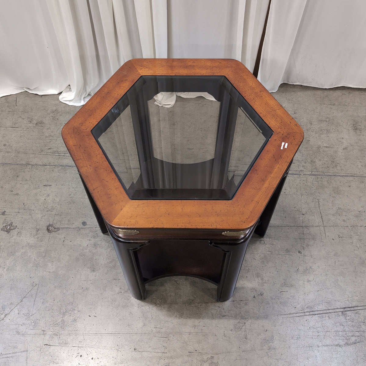 Hexagonal Dark Wood End Table with Glass Top