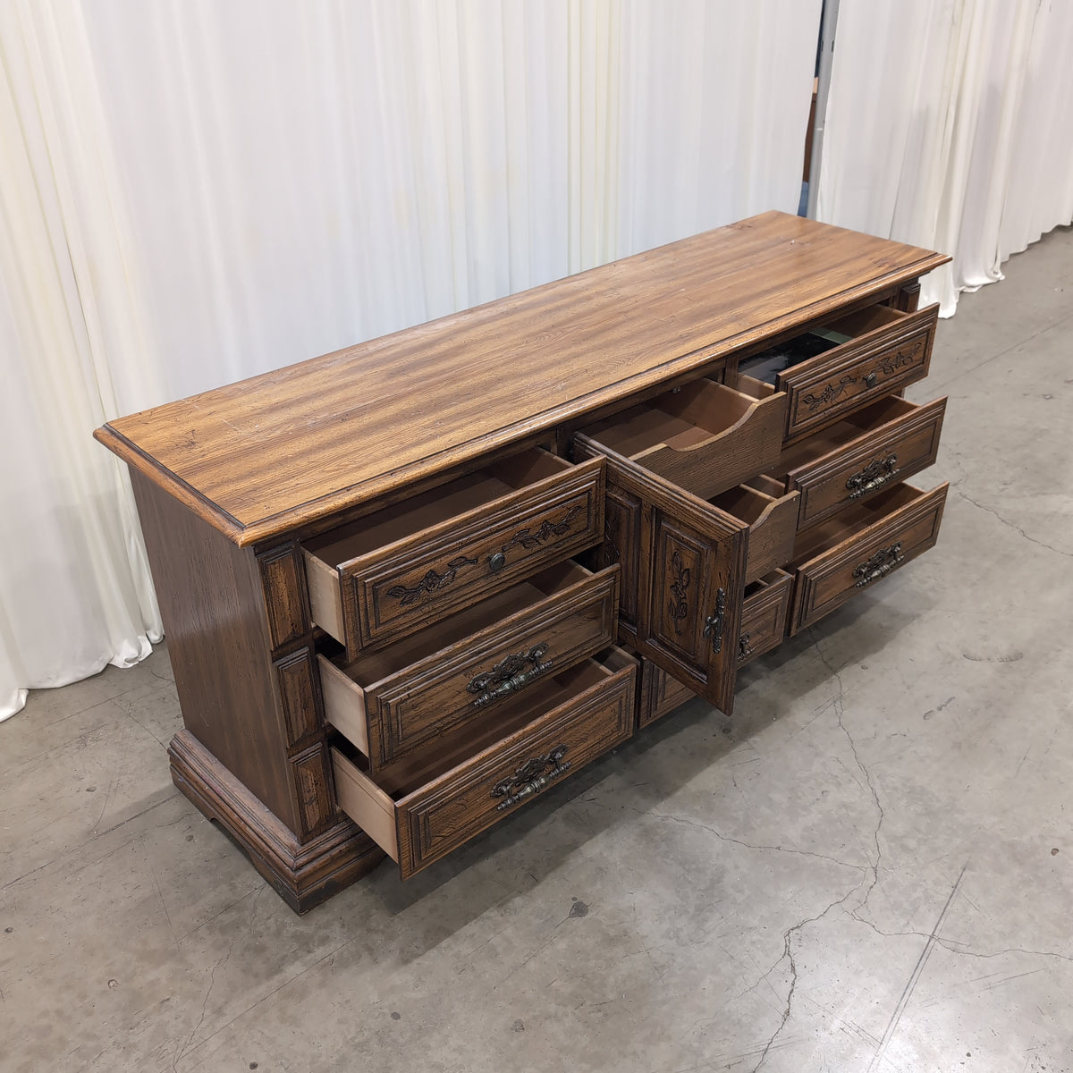 Ornate French Provincial Style Wood Dresser with Carved Details