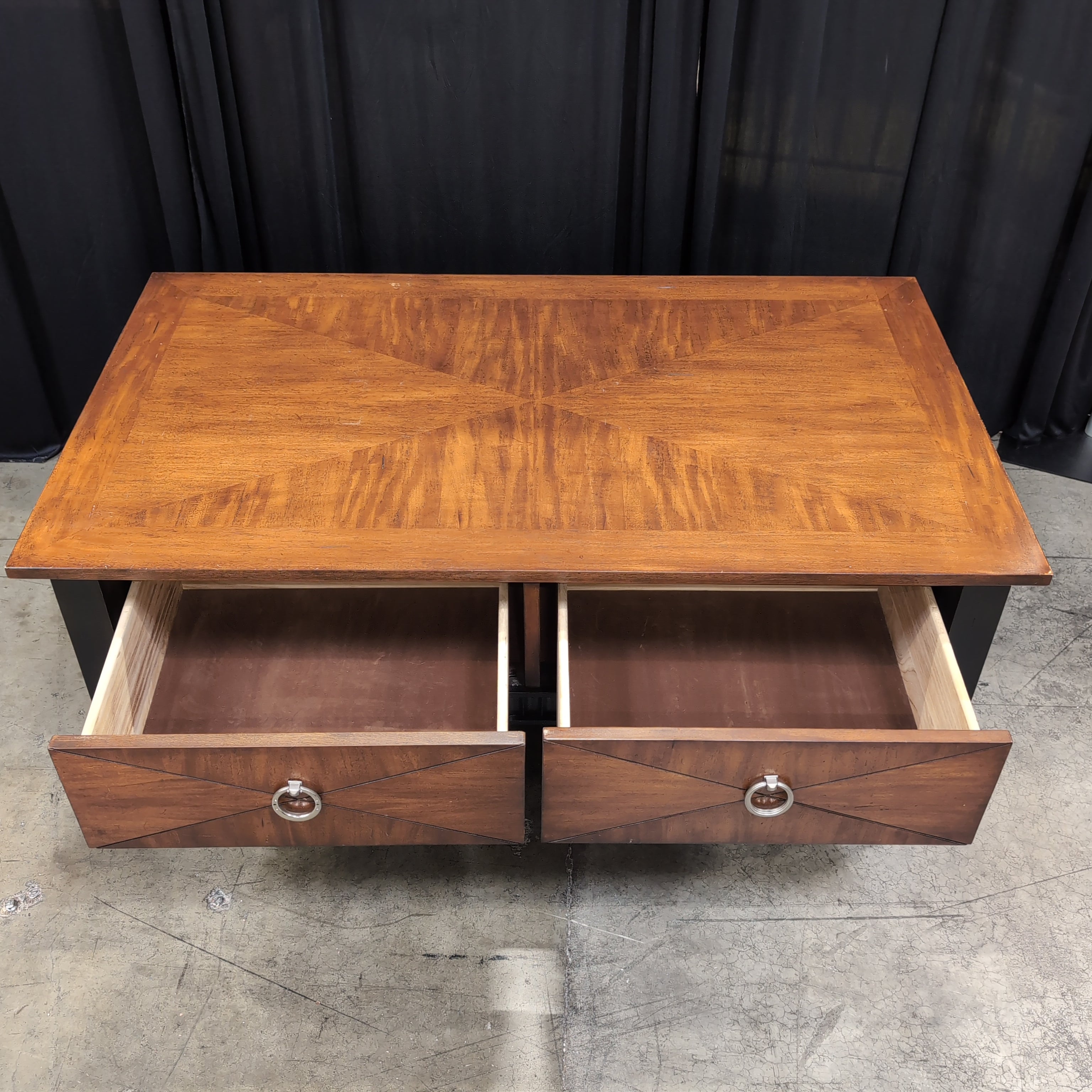 Warm Brown Wood Coffee Table with Geometric Veneer Top