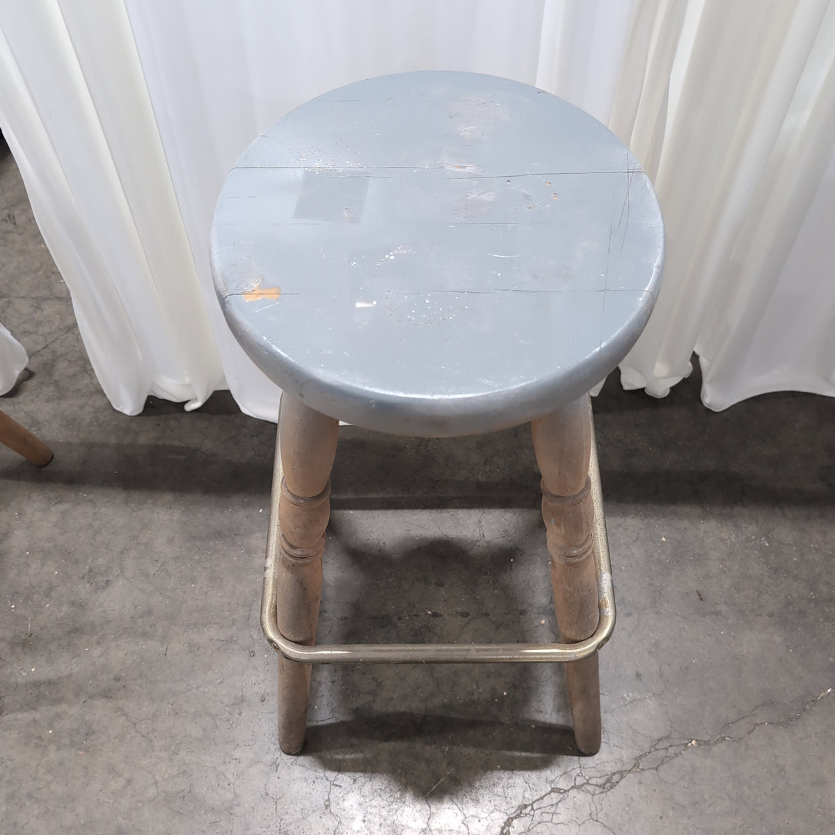 Silver Painted Round Top Wood Stool with Metal Footrest