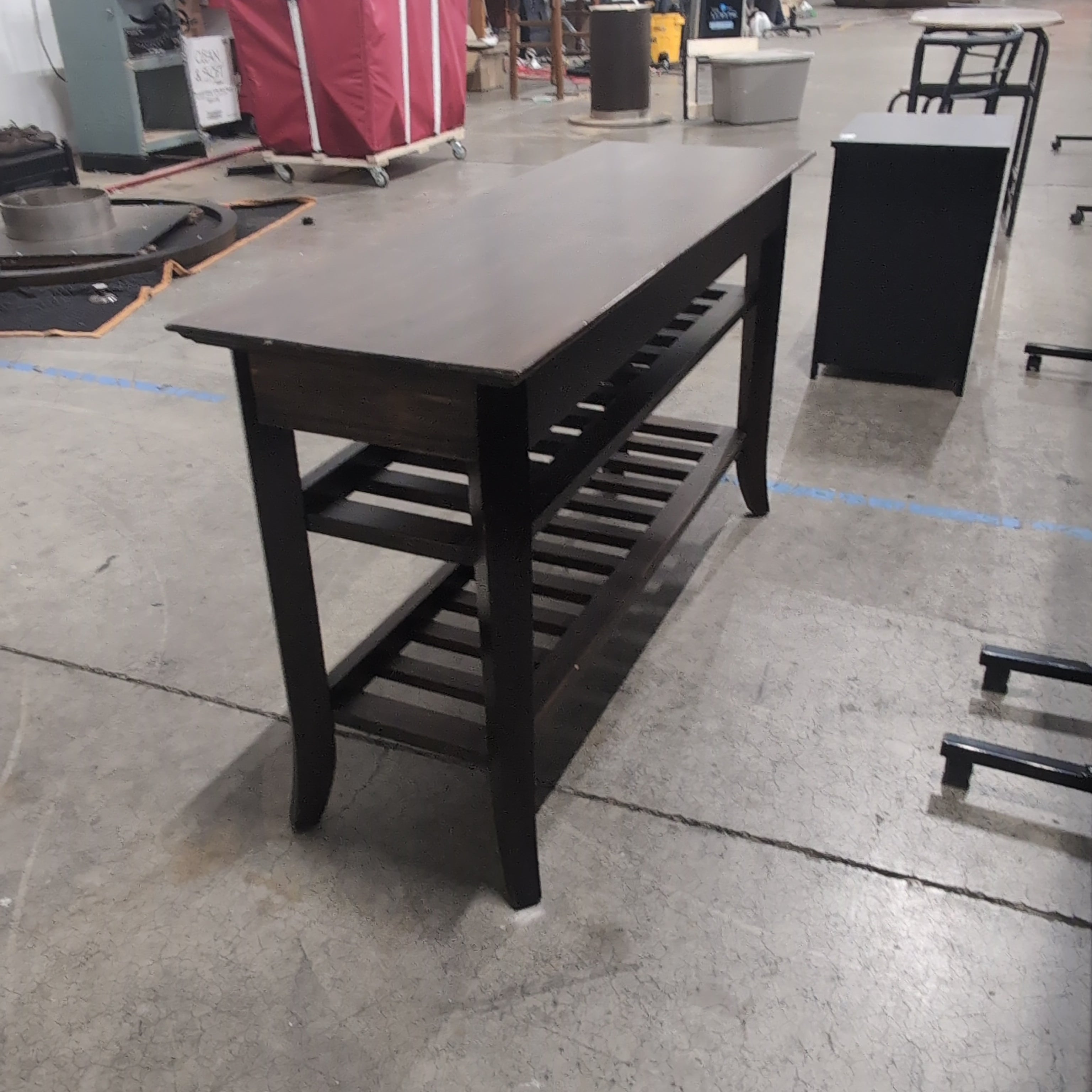 Dark Walnut Finish Wood Console Table with Slatted Shelves