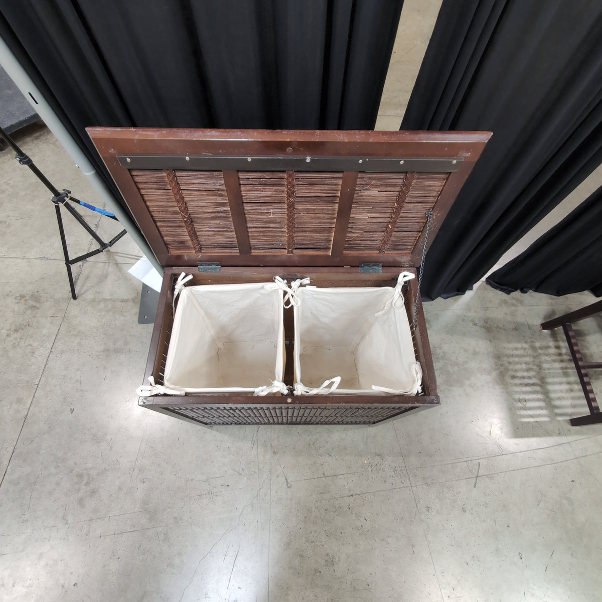 Pier 1 Imports- Dark Brown Wood Laundry Hamper with Bamboo Slats