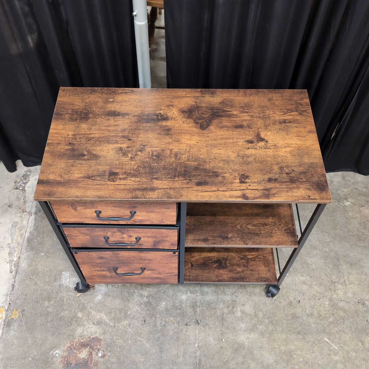 Rustic Wood-Look Industrial Rolling Storage Cart with Drawers