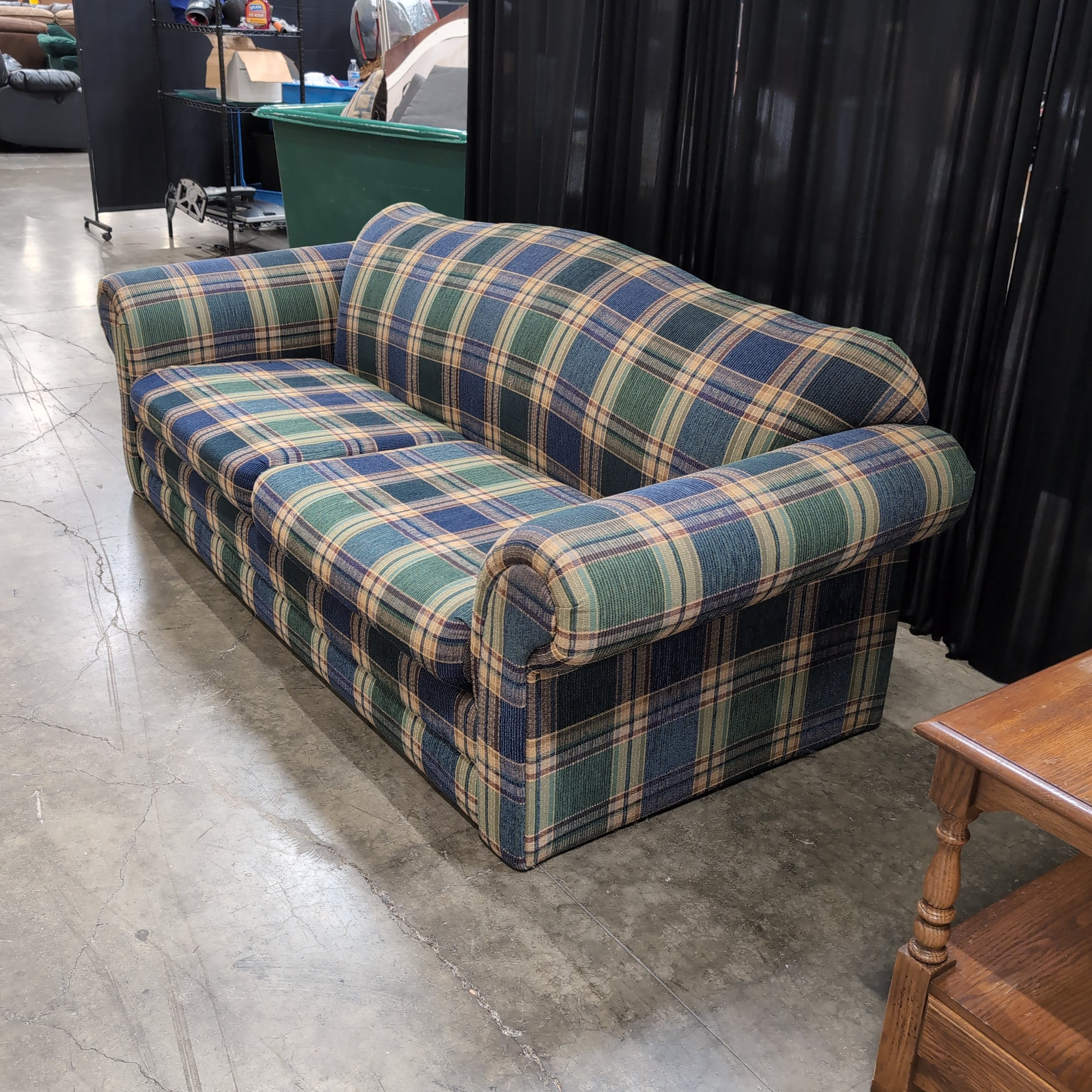 Traditional Blue and Green Plaid Fabric Loveseat