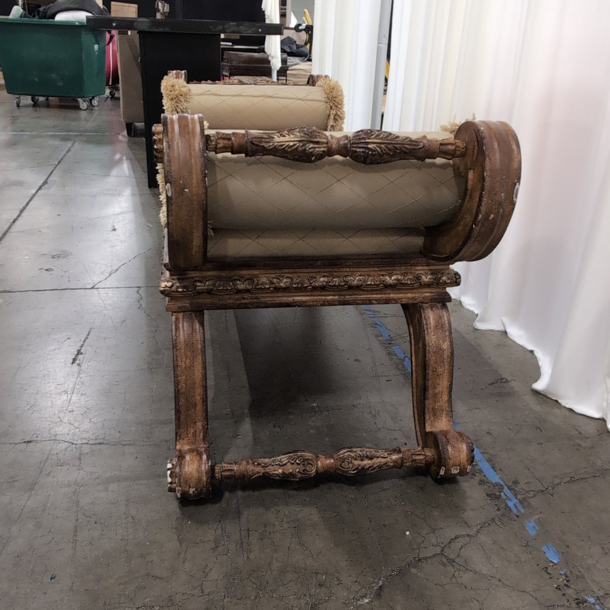 Horchowineiman Marcus-Ornate Traditional Beige Upholstered Bench in Dark Wood