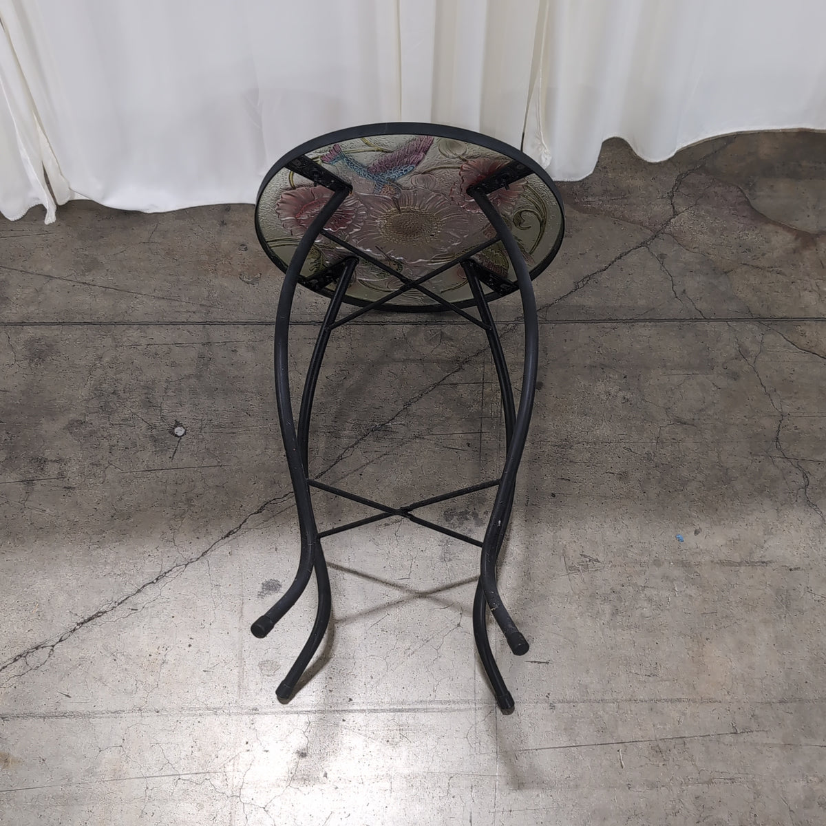 Round Glass Top End Table with Floral and Bird Design