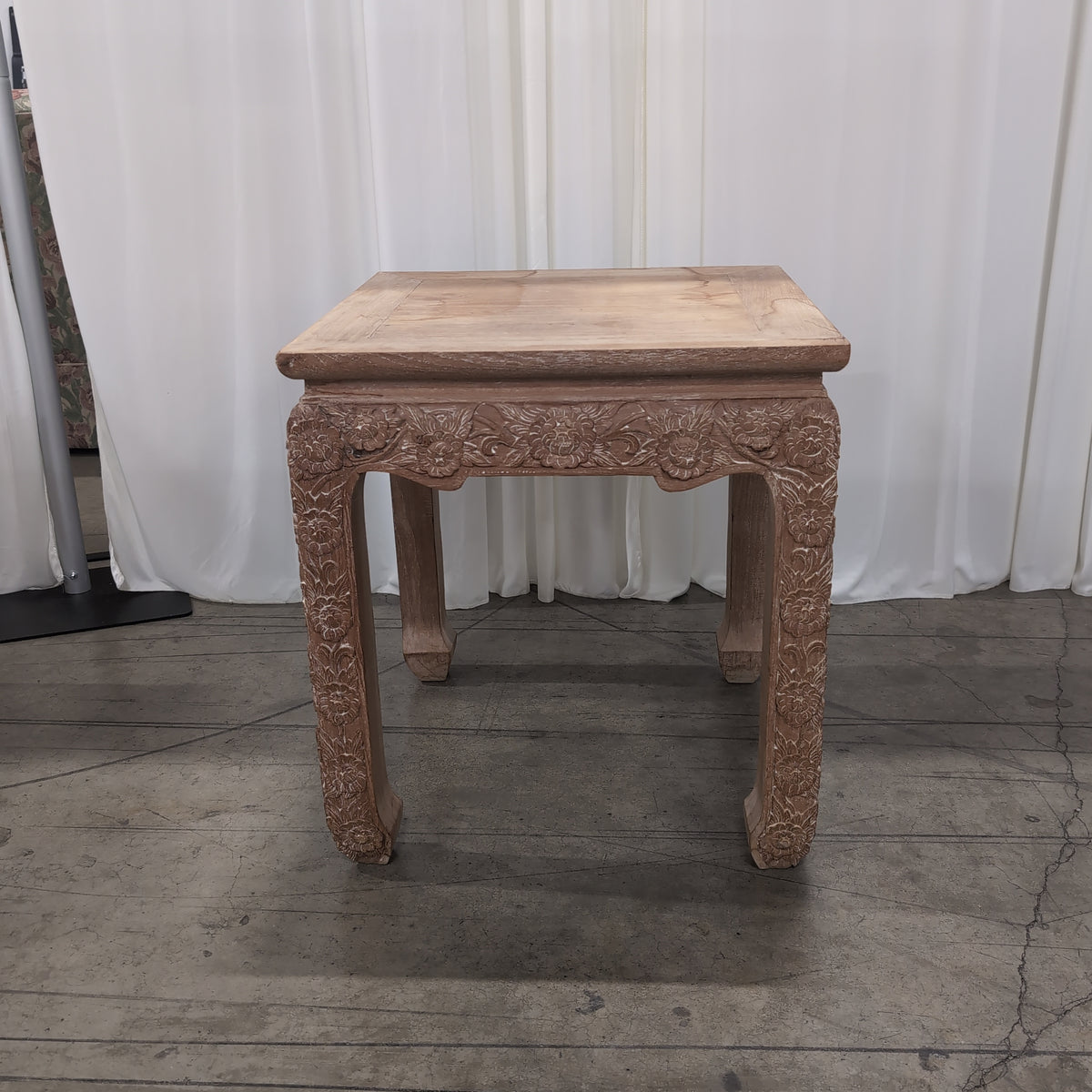 Ornate Carved Light Wood Square End Table