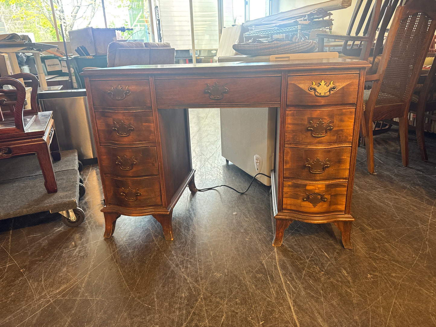 Vintage Desk with Drawers and Metal Accents