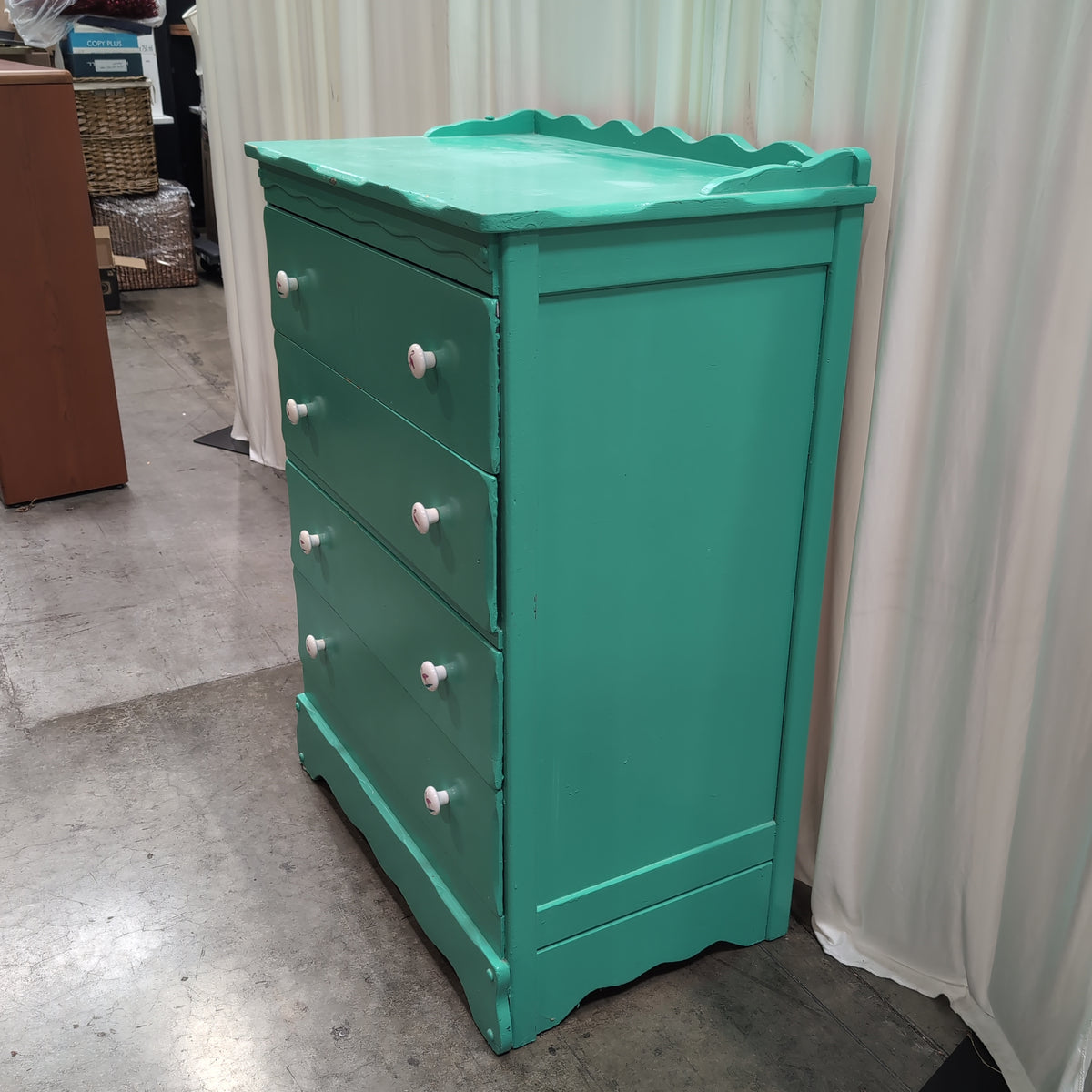 Teal Painted Wood Dresser with Scalloped Top