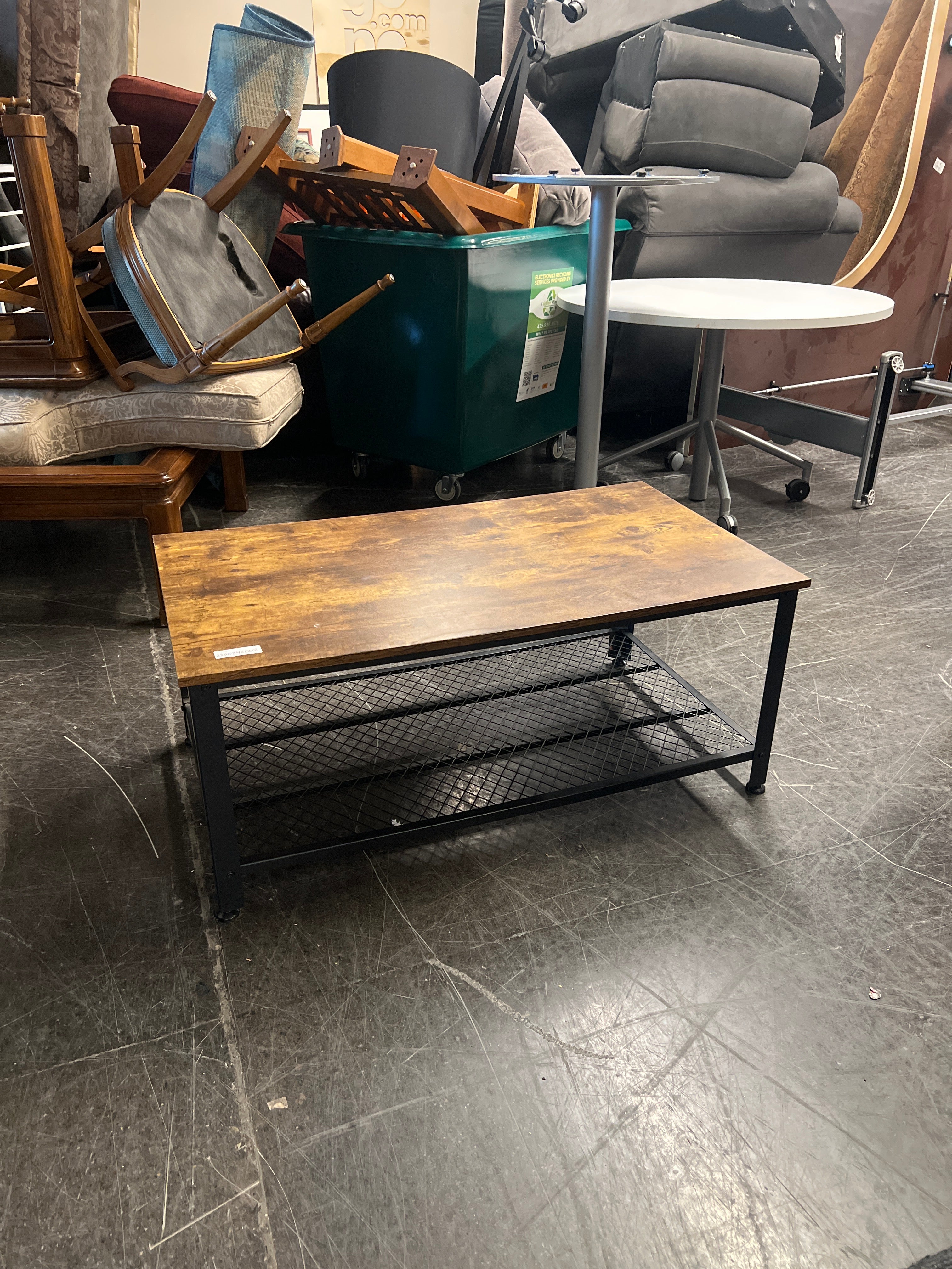 Rustic Wood & Metal Coffee Table with Mesh Shelf