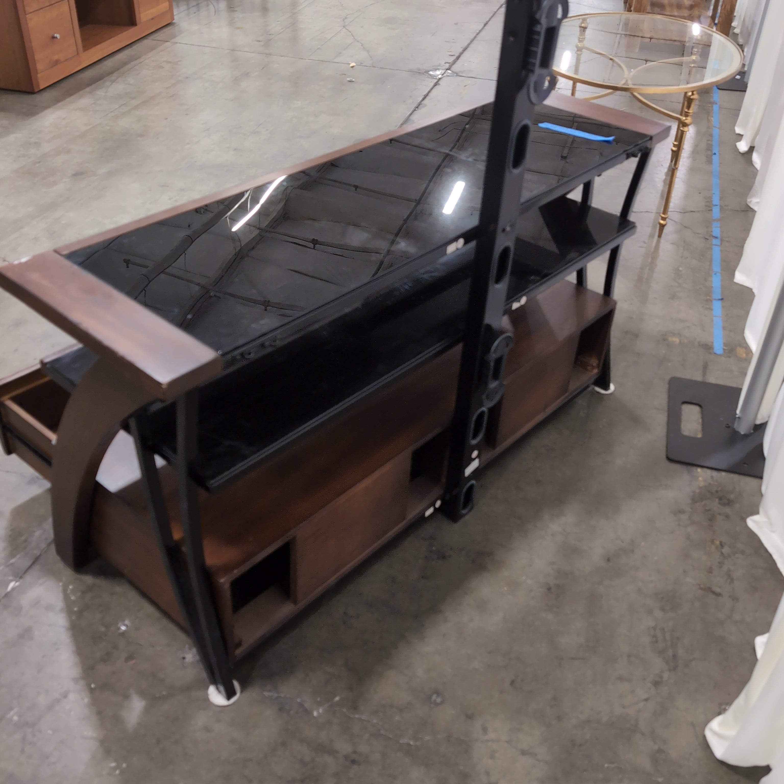 Dark Wood and Glass TV Stand with Integrated Mount