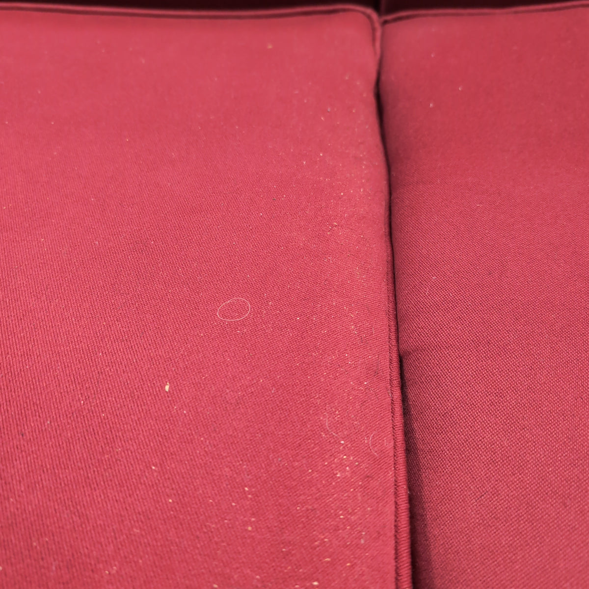 Red Upholstered Two-Cushion Fabric Loveseat with Dark Wood Base