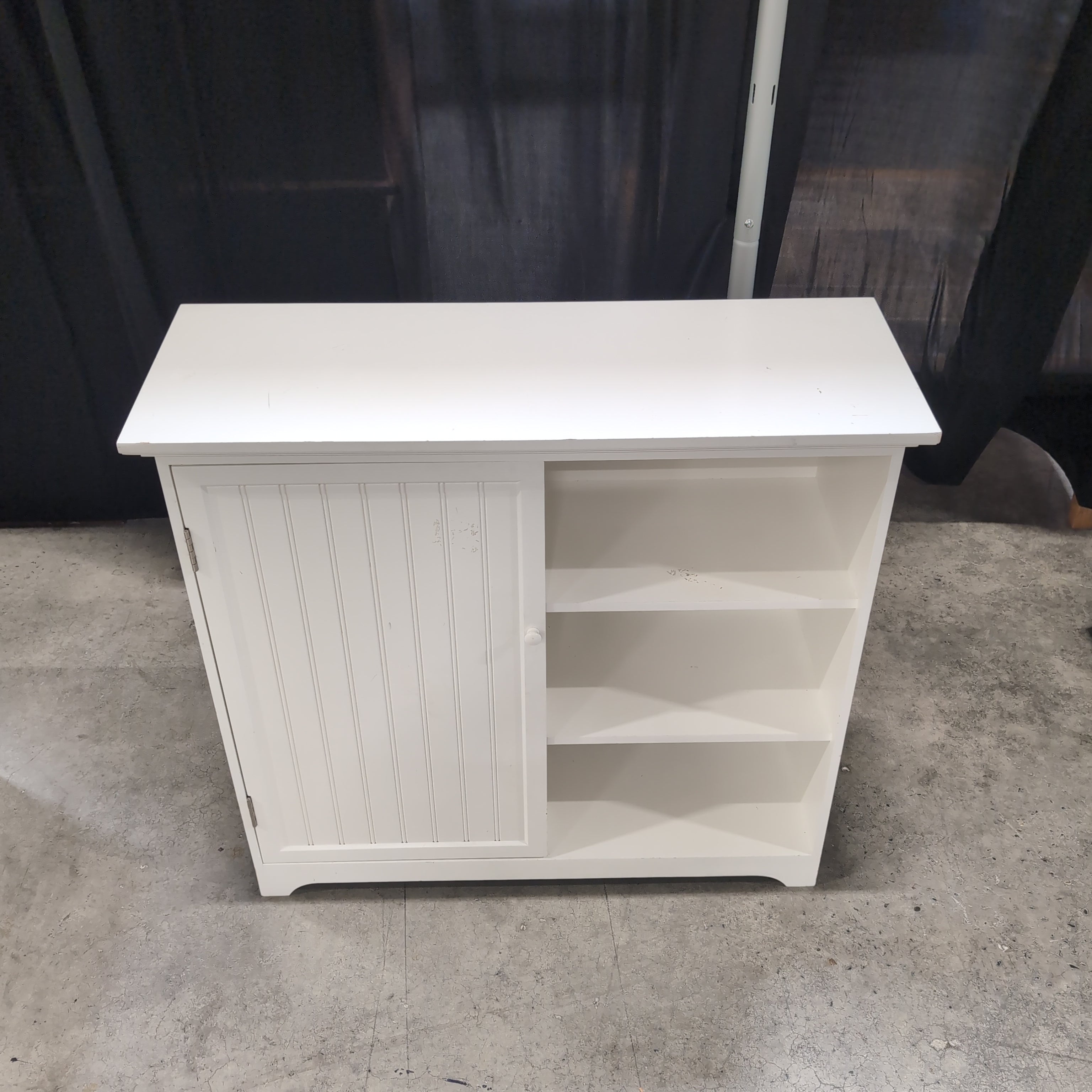 White Beadboard Storage Cabinet with Open Shelving