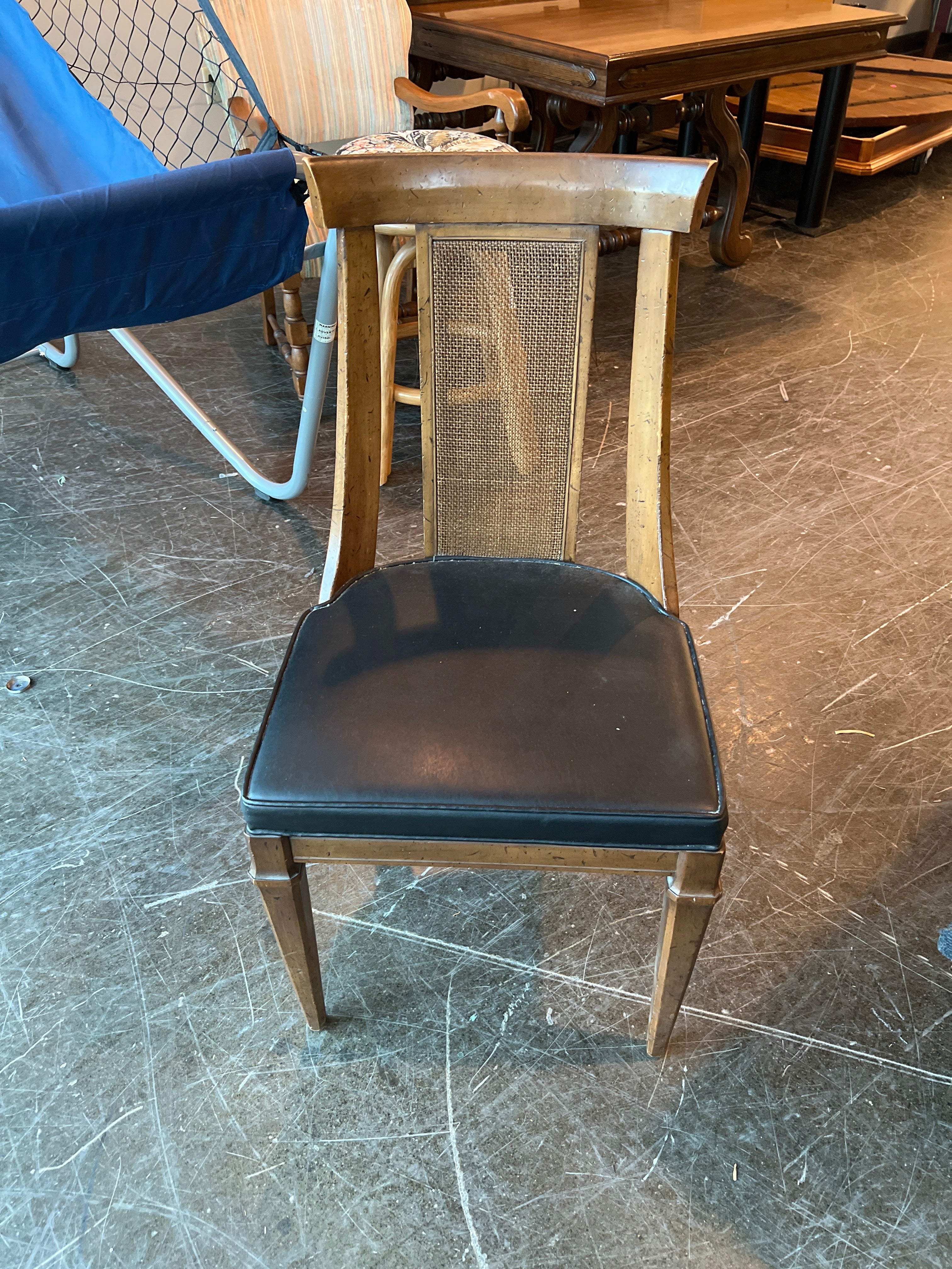 Classic Wood Cane Back Dining Chair with Black Upholstered Seat