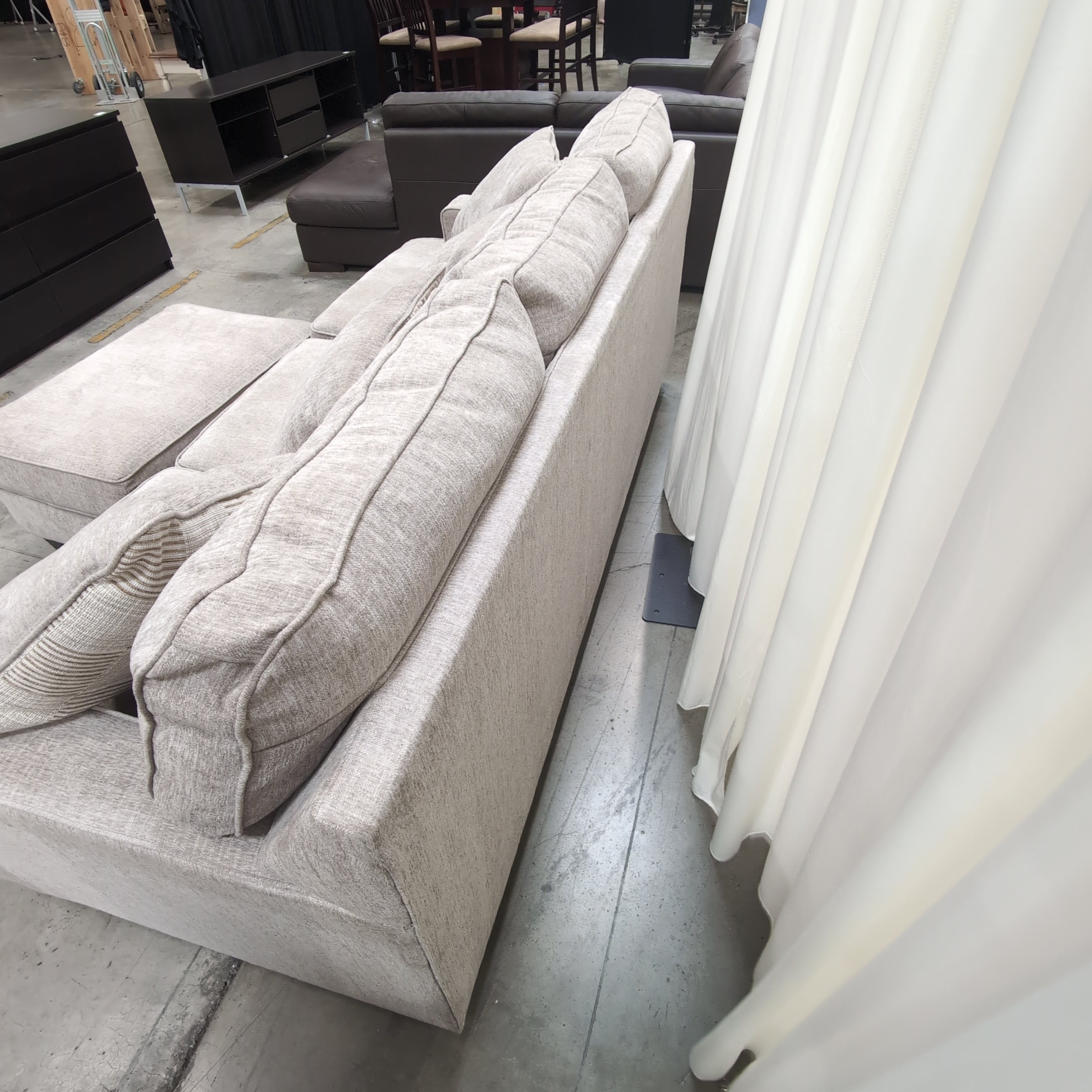 Light Grey Woven Fabric Three-Seat Couch with Storage Ottoman
