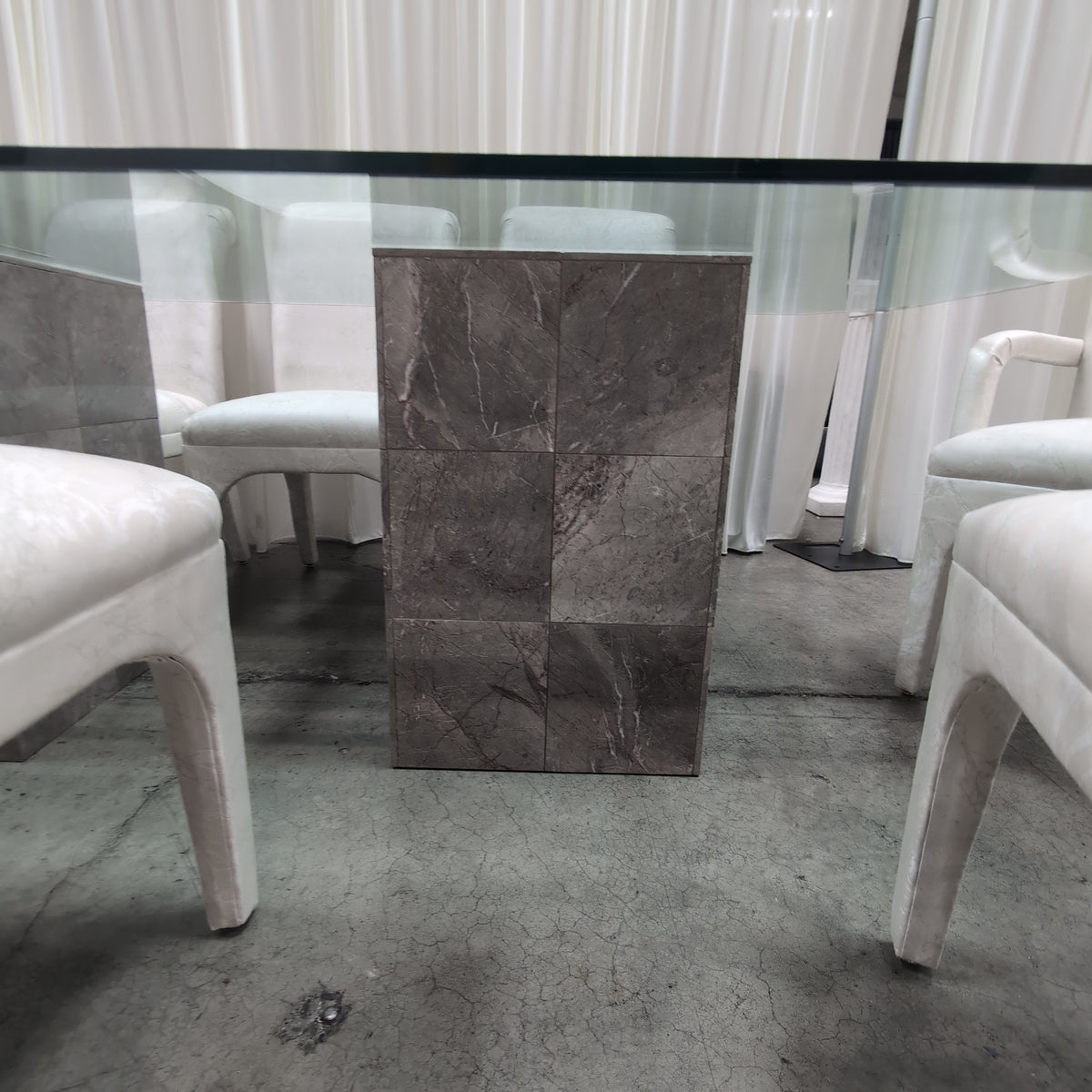 Glass Top Stone Base Dining Table with Eight Upholstered Chairs