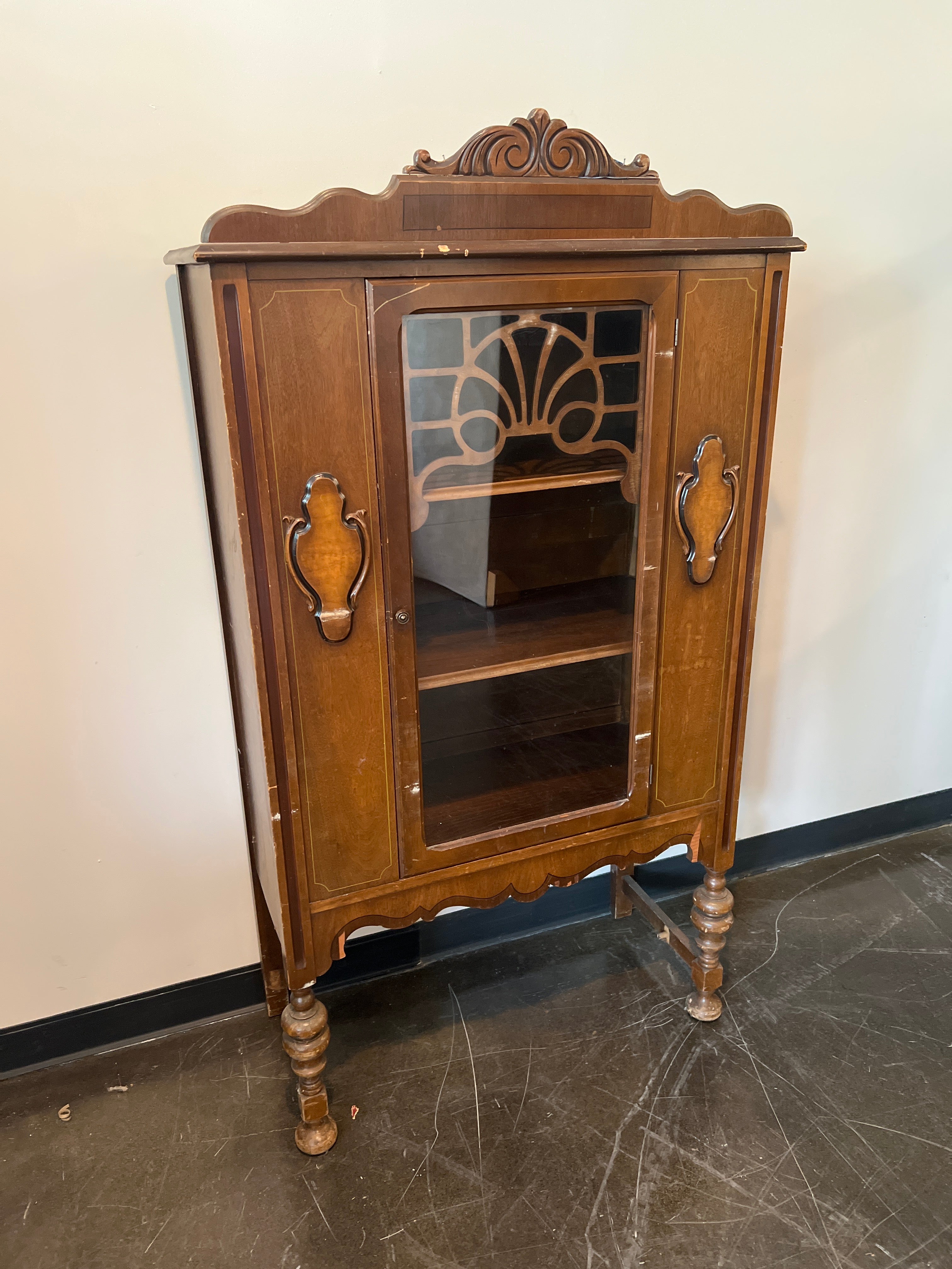 Antique Wood Display Cabinet with Glass Door