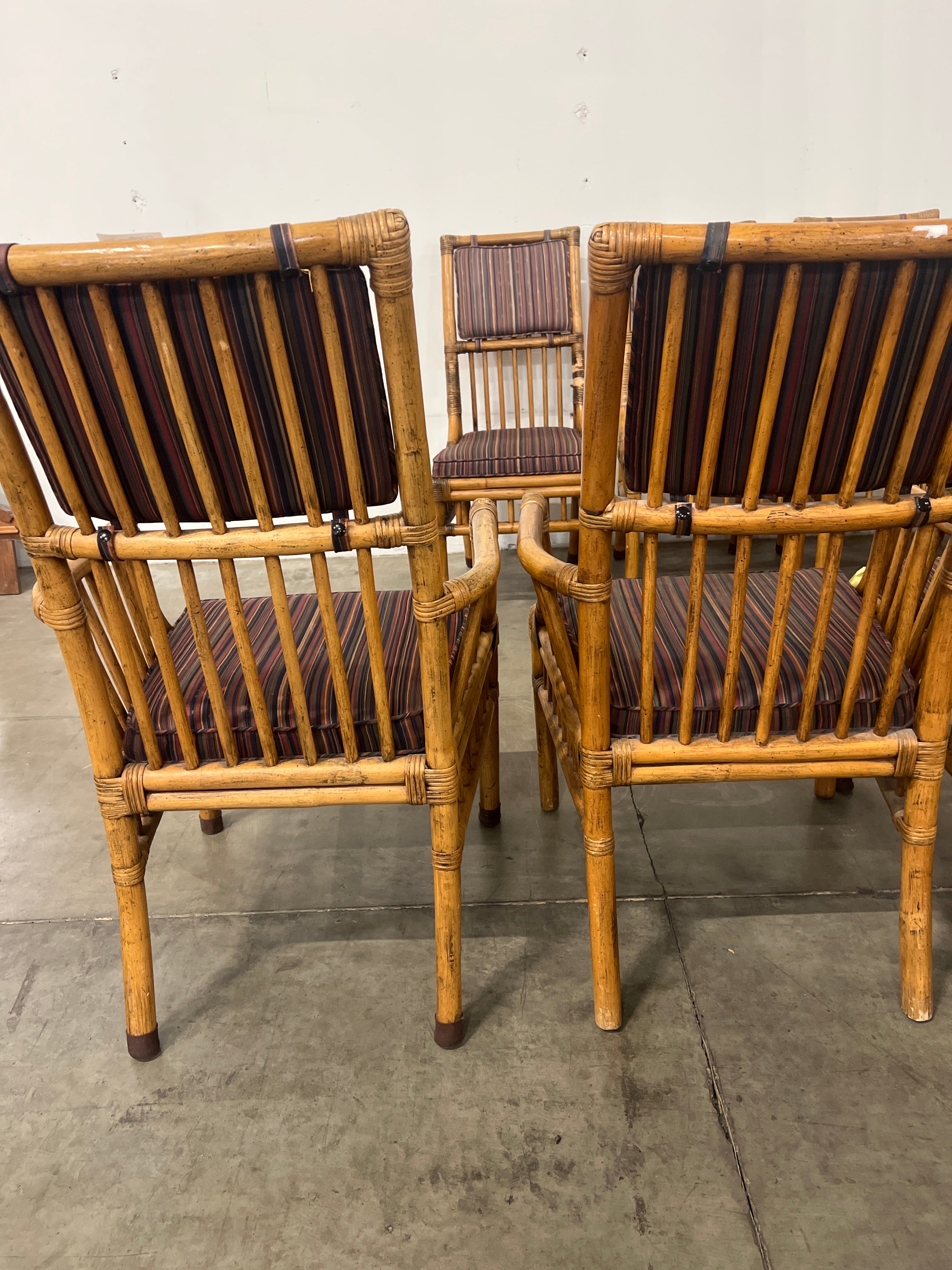 Henredon Bamboo Rattan Captain’s Chair Set – Striped Cushion, with Arms