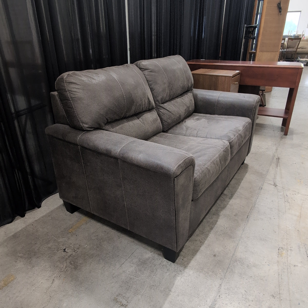 Dark Grey Distressed Faux Leather Loveseat with Contrast Stitching