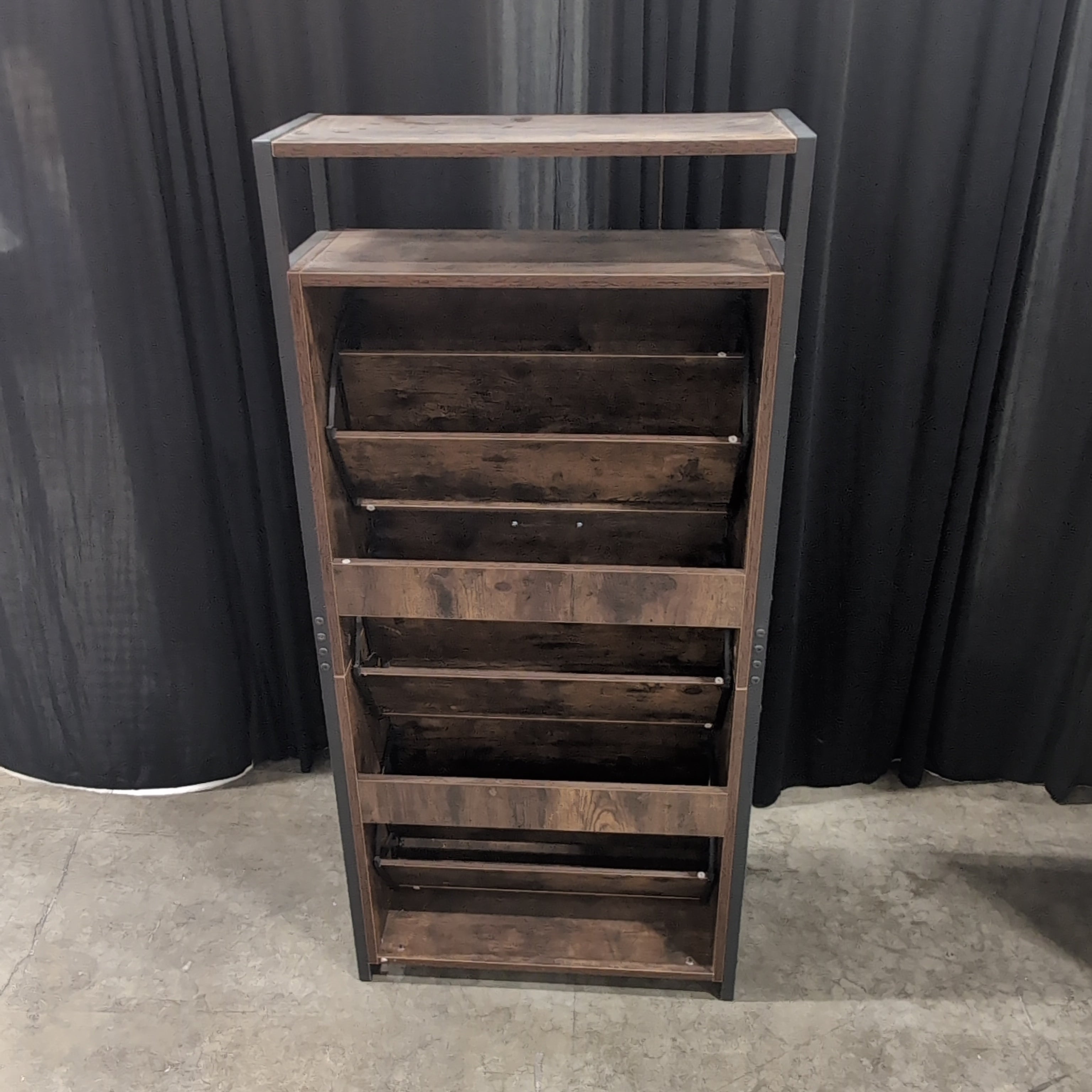 Industrial Dark Brown Three-Tier Shoe Cabinet in Wood and Metal