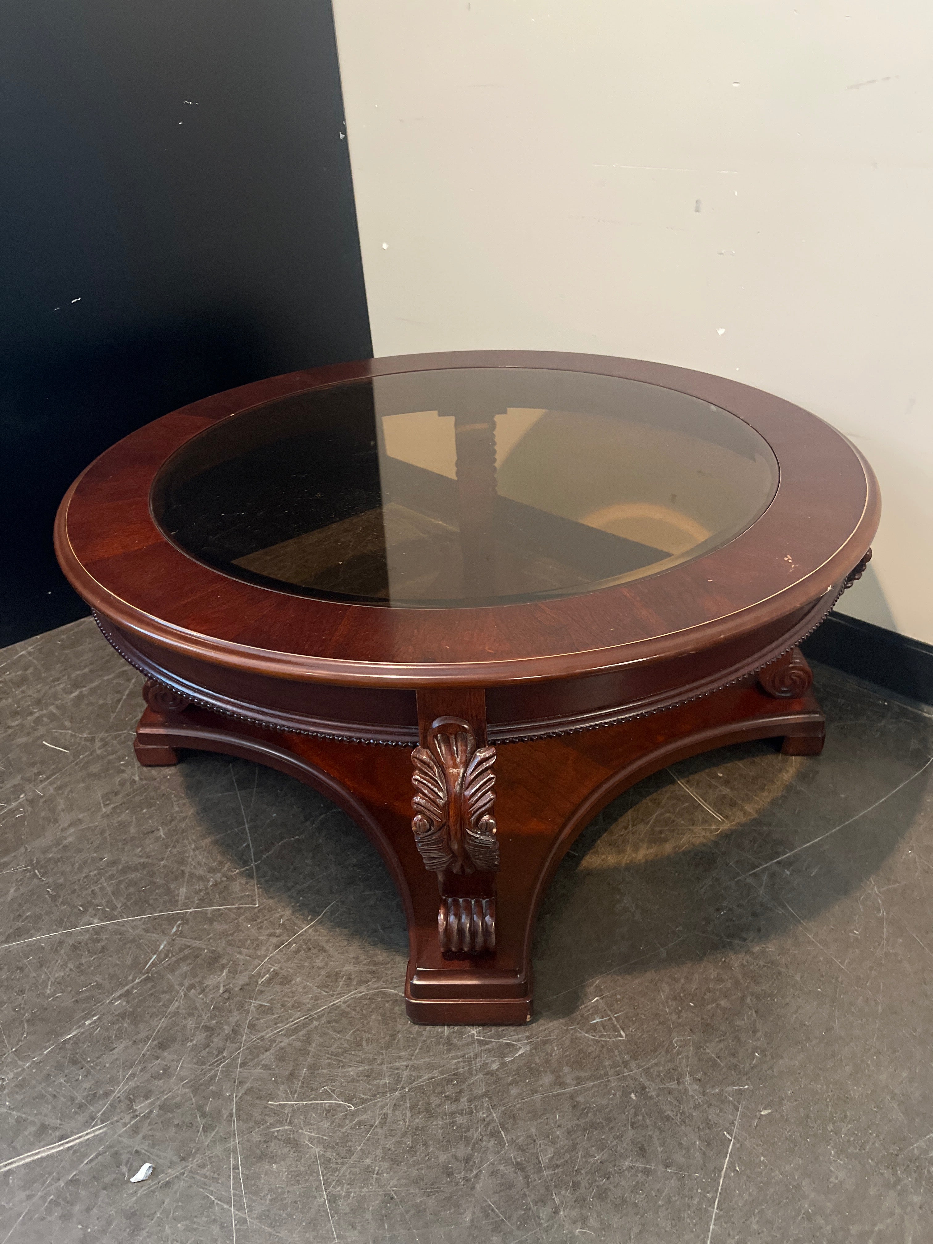 Round Wood Coffee Table with Glass Top