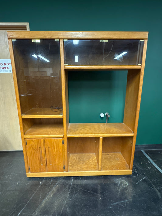 Oak Wood Media Console with Glass Doors