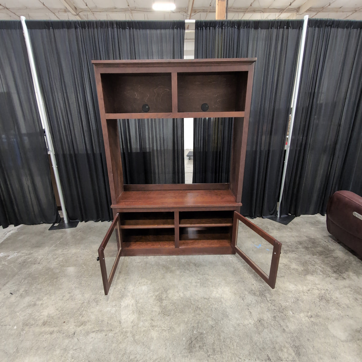 Crate & Barrel-Cherry Finish Wood TV Stand with Glass Doors