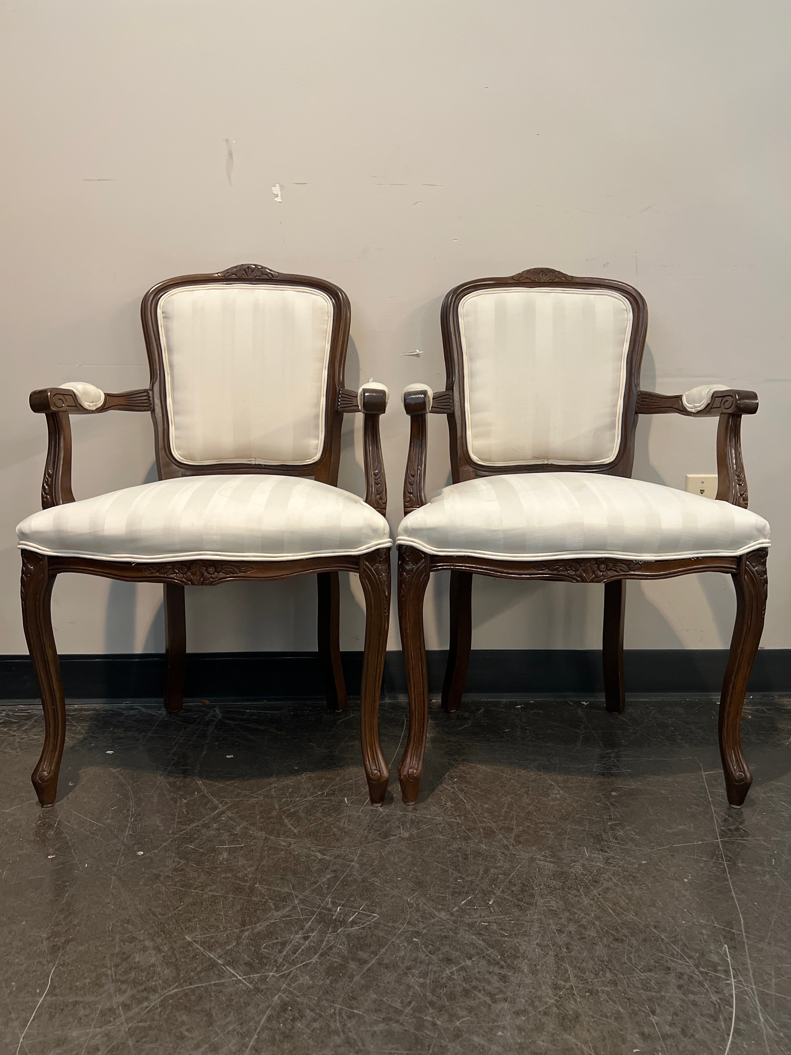 Brown Wooden Armchairs with Striped Upholstery
