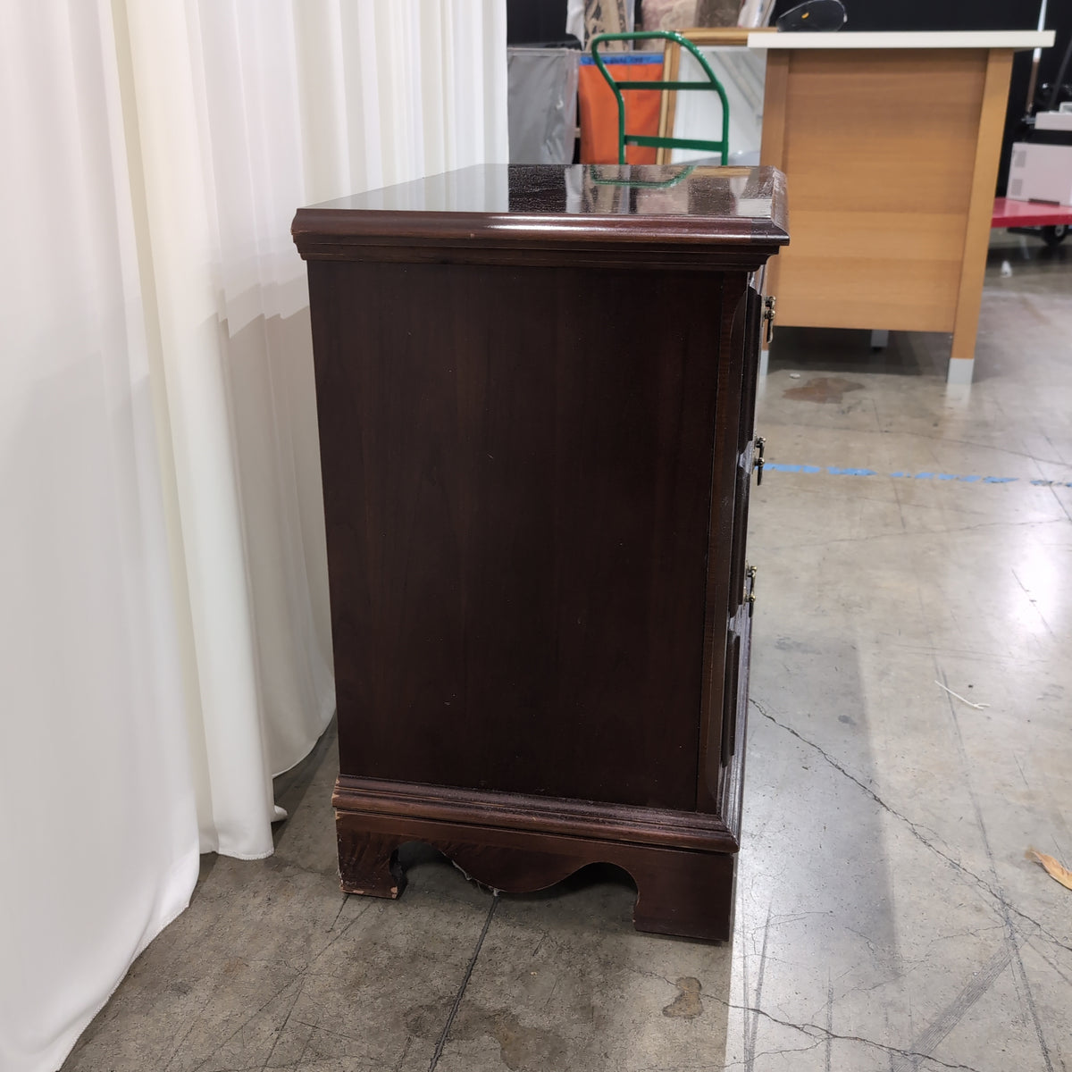 Mahogany Finish Three-Drawer Nightstand with Ornate Hardware
