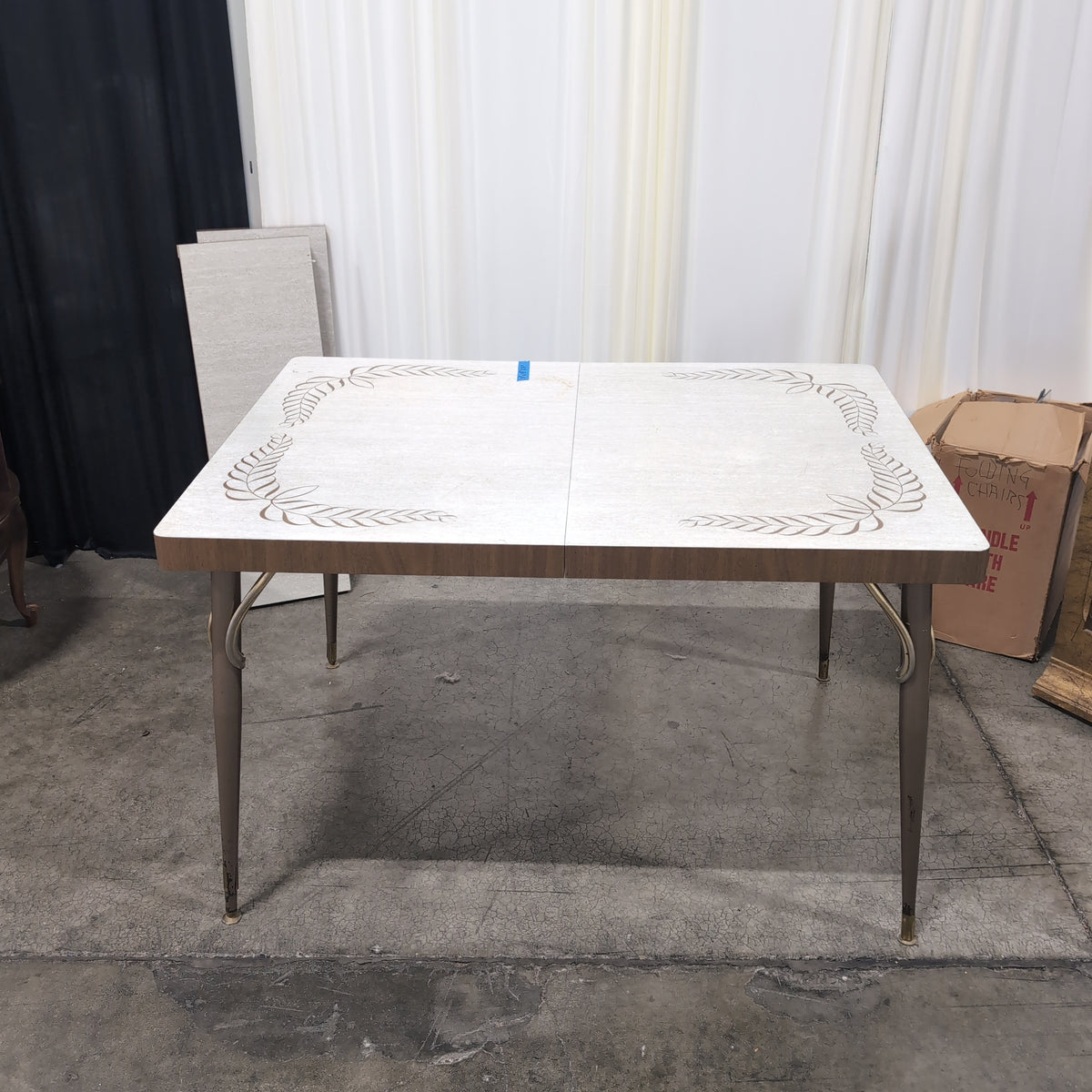 Mid-Century Light Grey Laminate Dining Table with Leaf Pattern