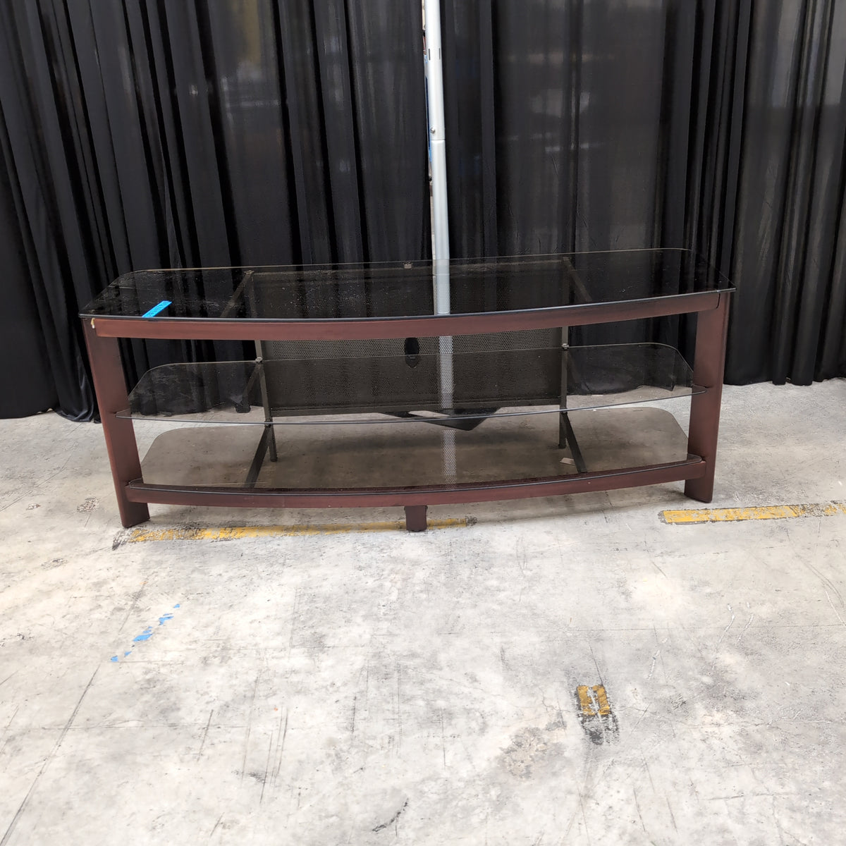 Dark Wood Curved Front Three-Tier TV Stand with Glass Shelves