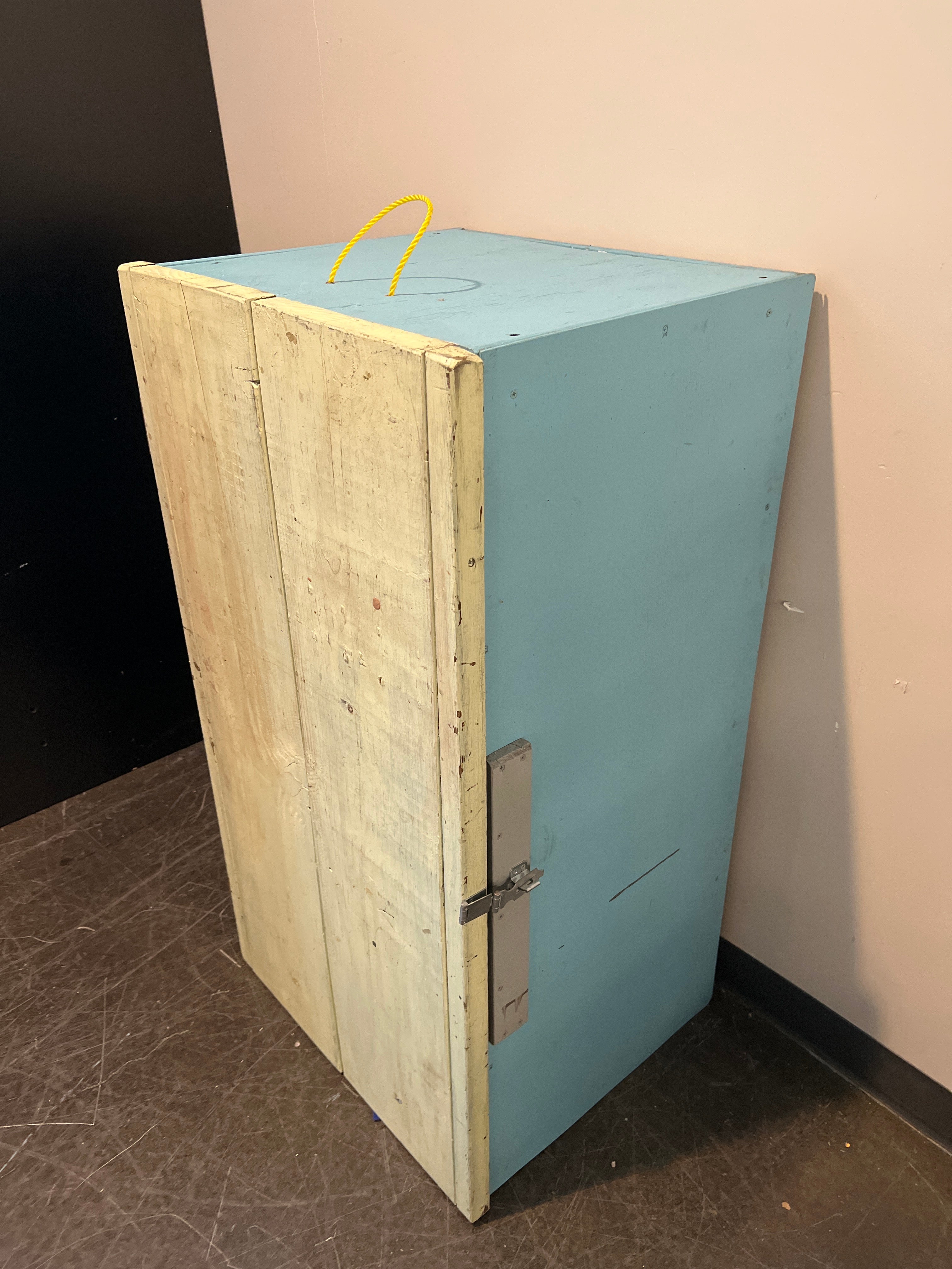 Handmade Painted Wooden Cabinet with Blue Top and Rope Handle