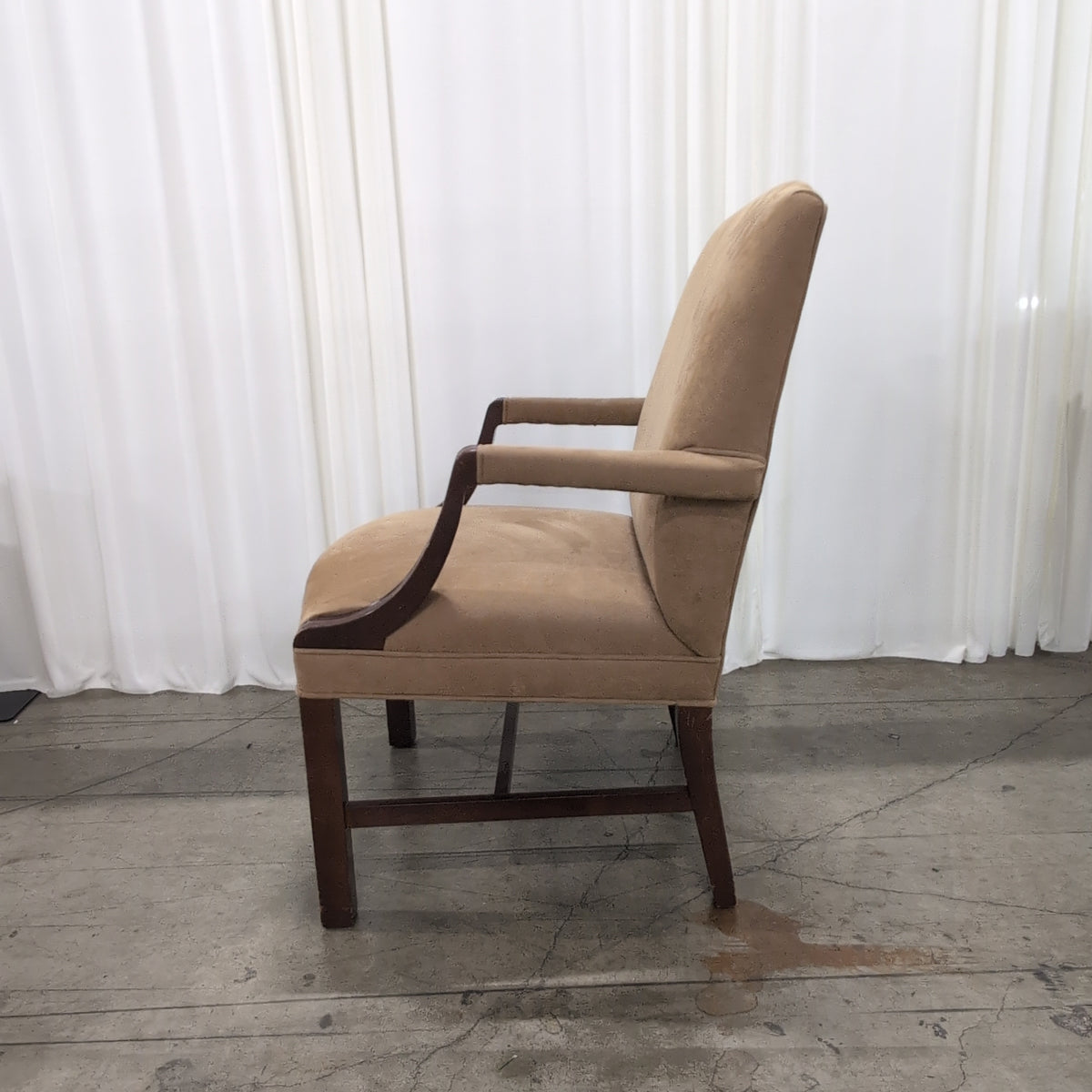 Tan Upholstered Arm Chair with Dark Wood Trim