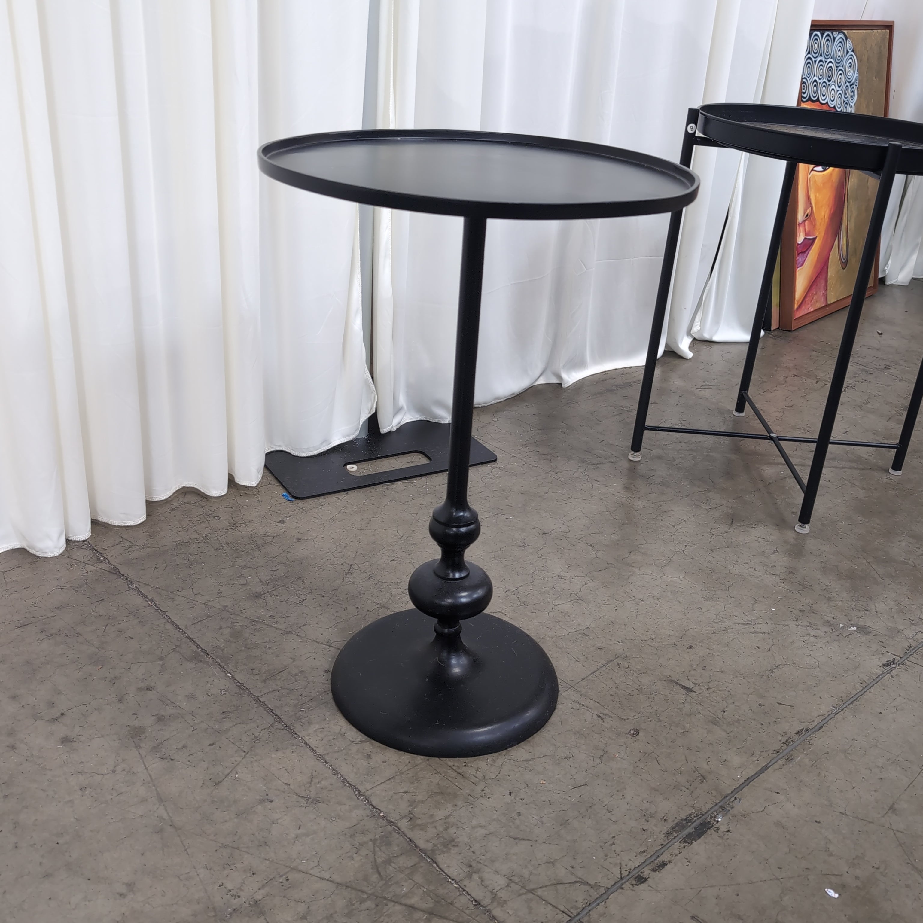 Black Iron Pedestal End Table with Tray Top