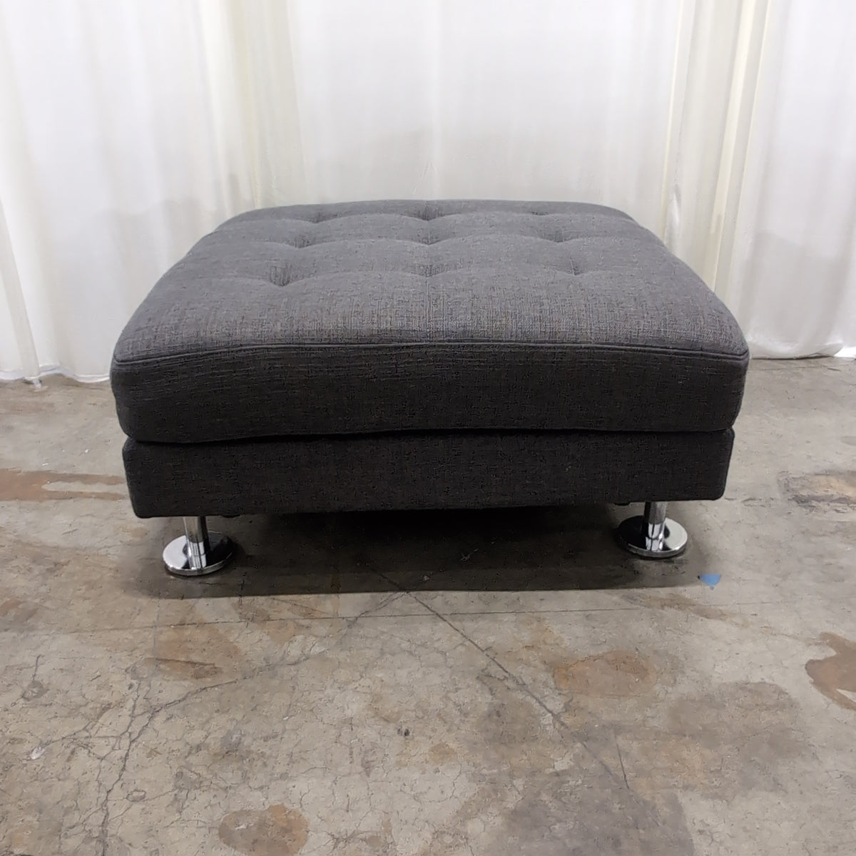 Grey Tufted Fabric Ottoman with Chrome Feet