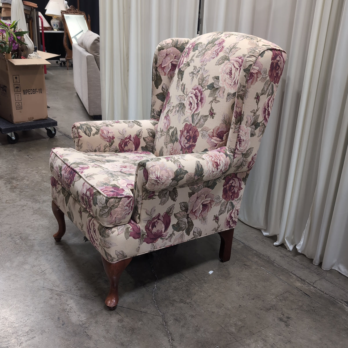 Cream Floral Upholstered Wingback Chair with Cabriole Legs