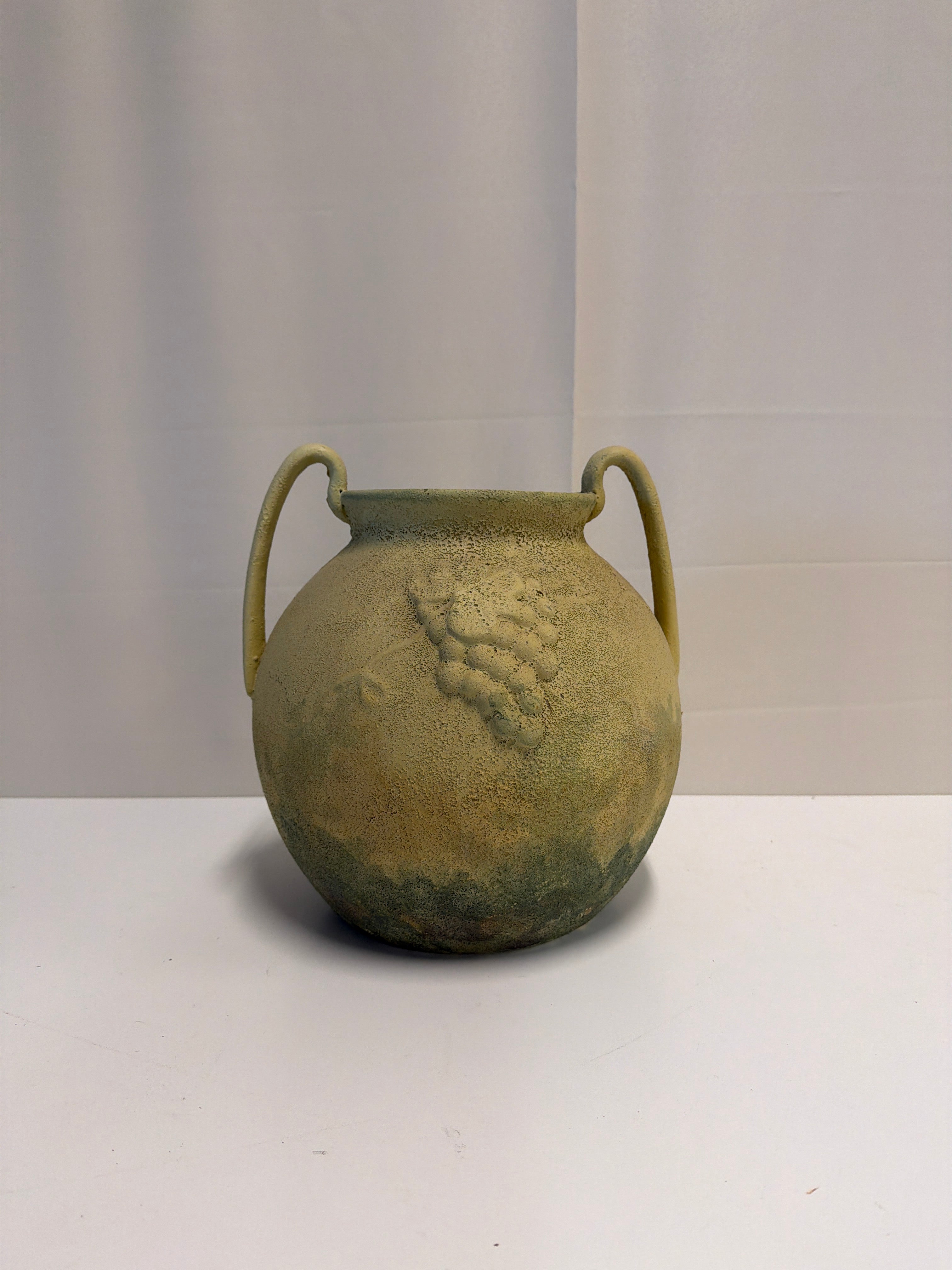 Vintage Beige Ceramic Vase with Grape Motif and Dual Handles
