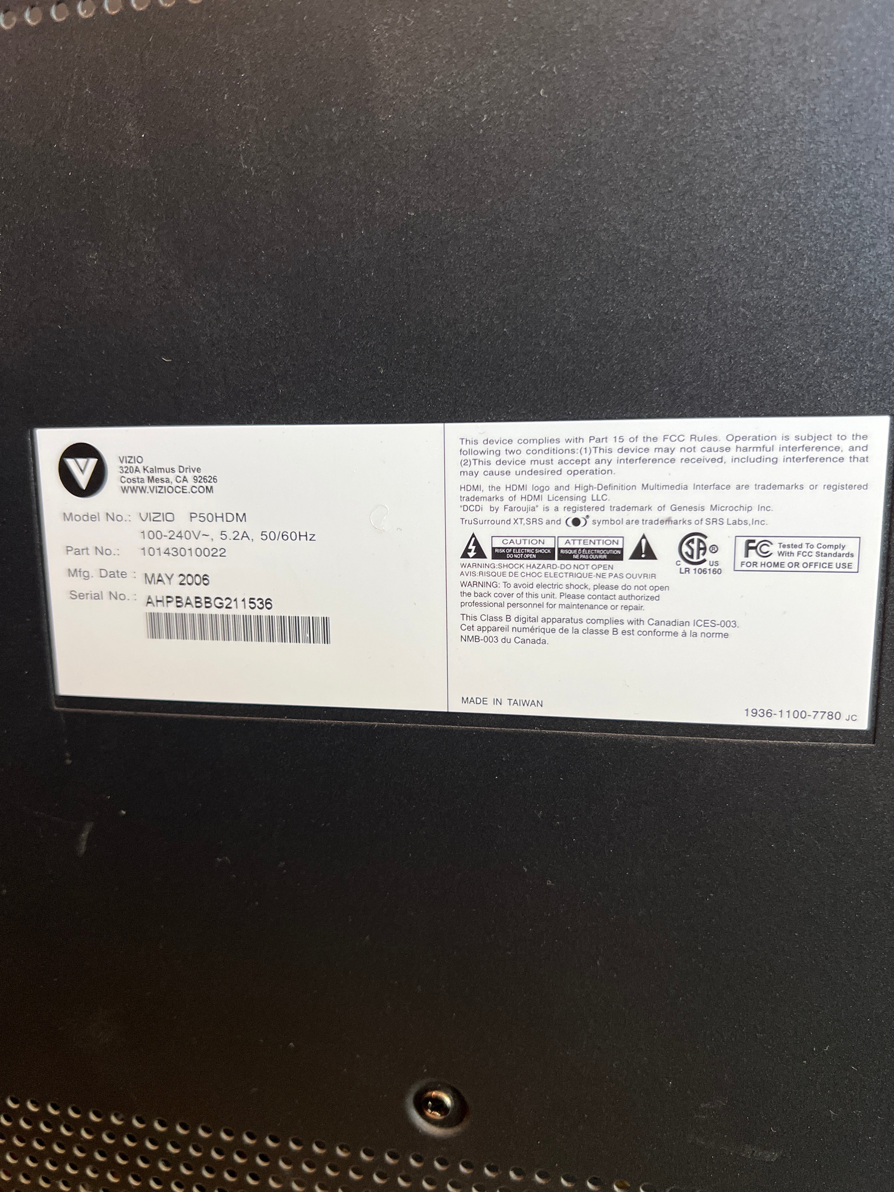 Vizio 50" Plasma TV (Model P50HDM)