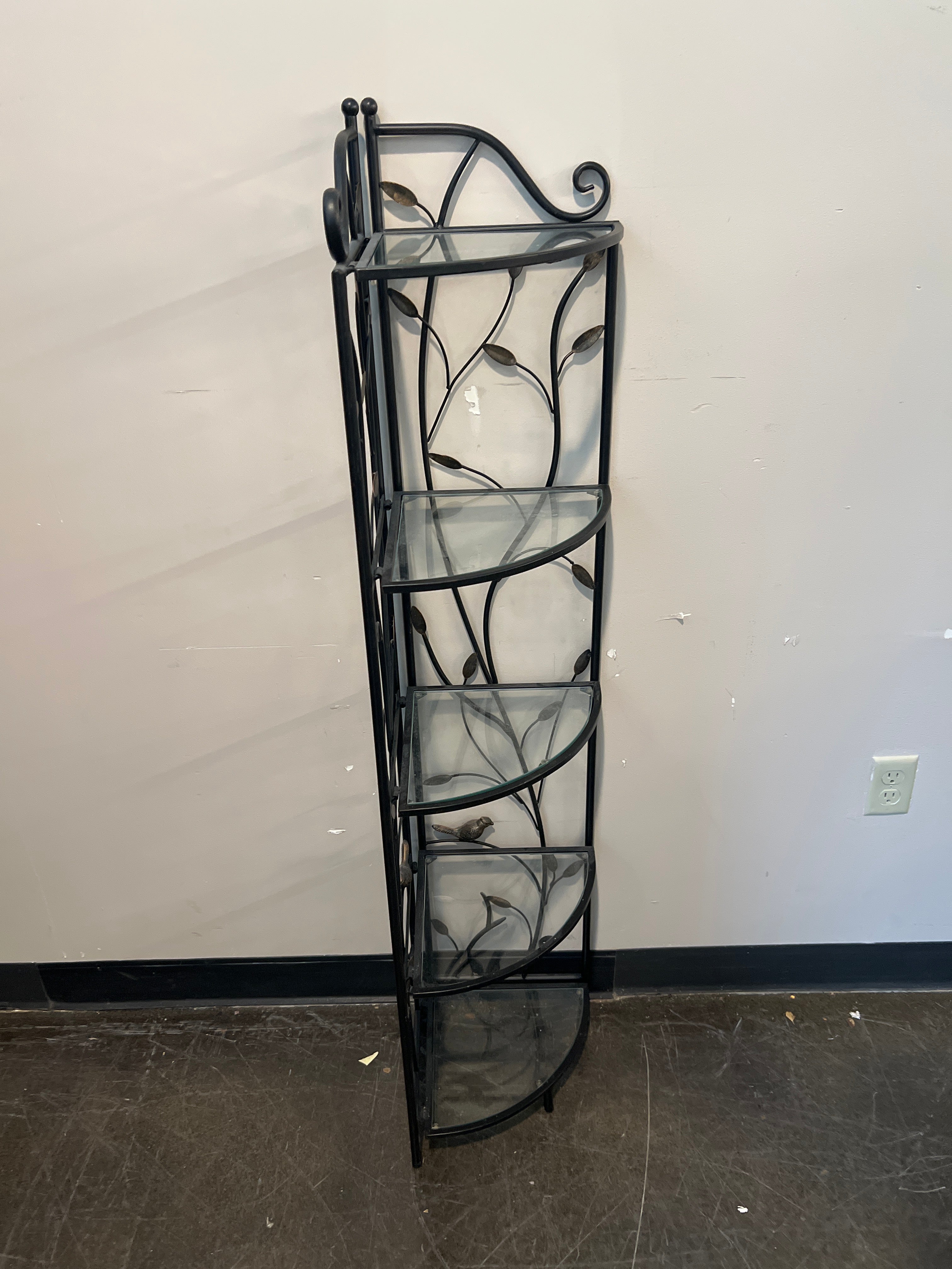 Wrought Iron and Glass Corner Shelf with Leaf Detail