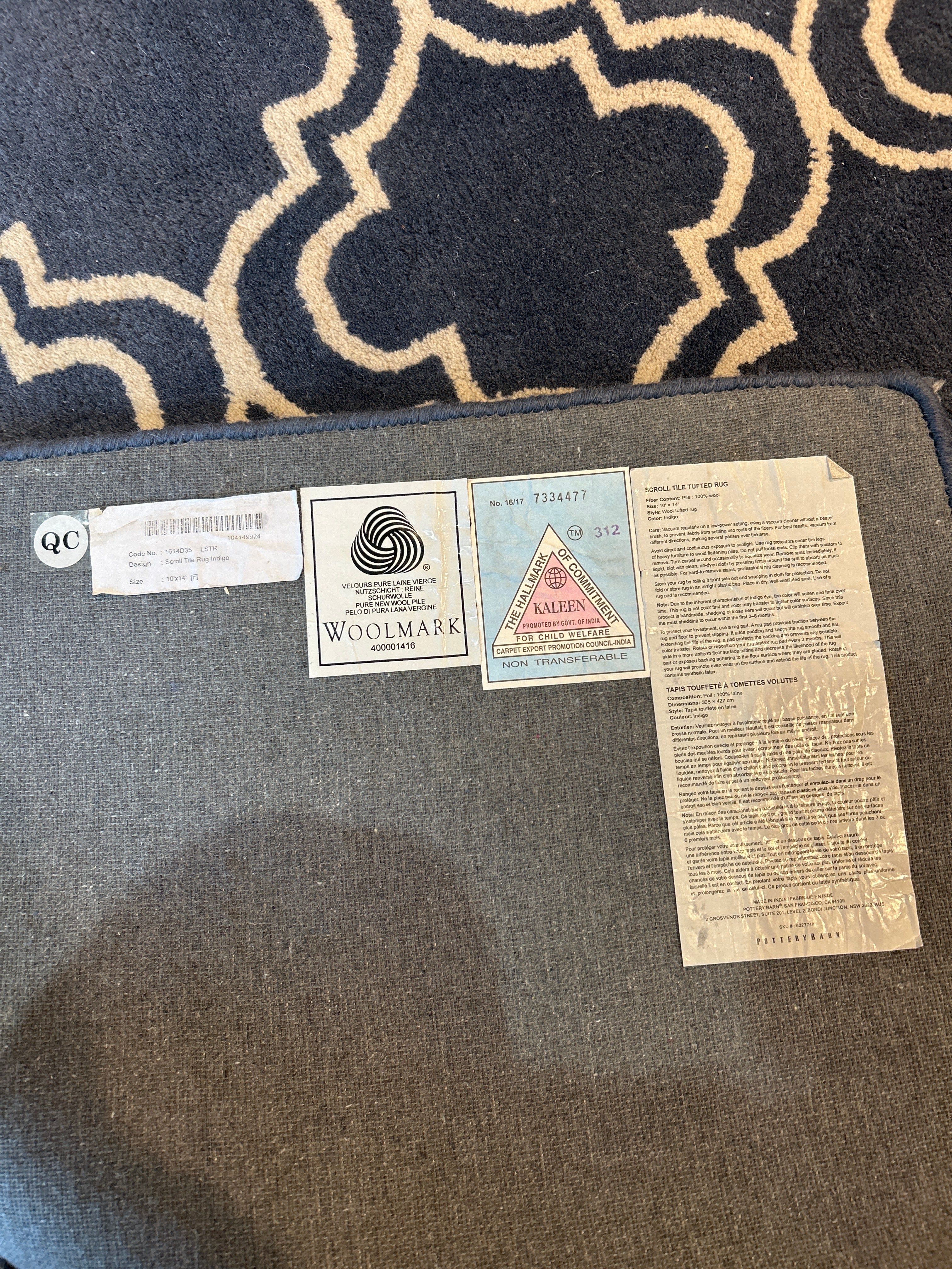 Woolmark Scroll Tile Indigo Pottery Barn Rug 10’ x 14’