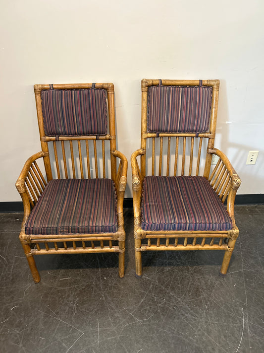 Henredon Bamboo Rattan Captain’s Chair – Striped Cushion, with Arms