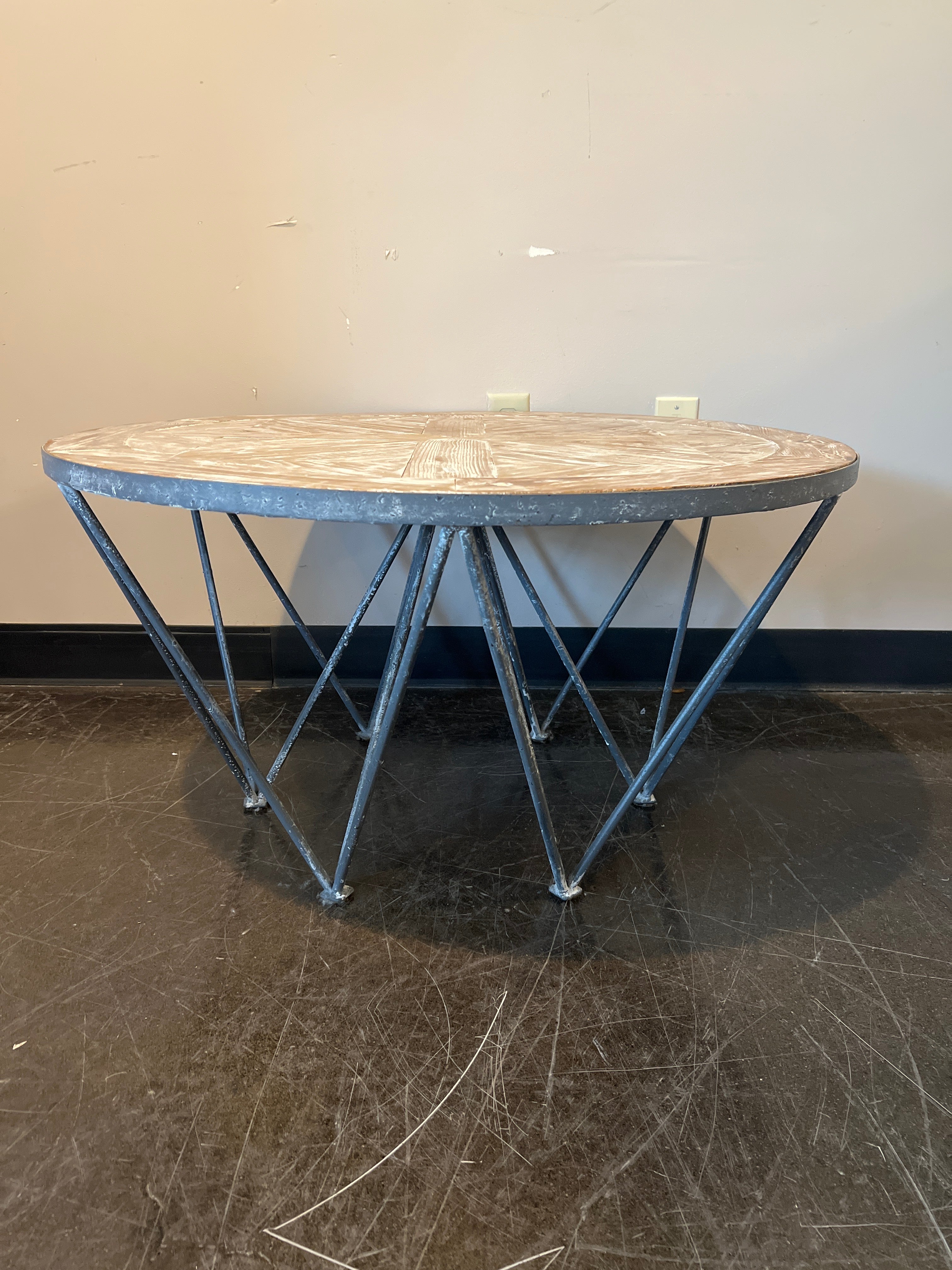 Rustic Round Wood Coffee Table with Metal Base