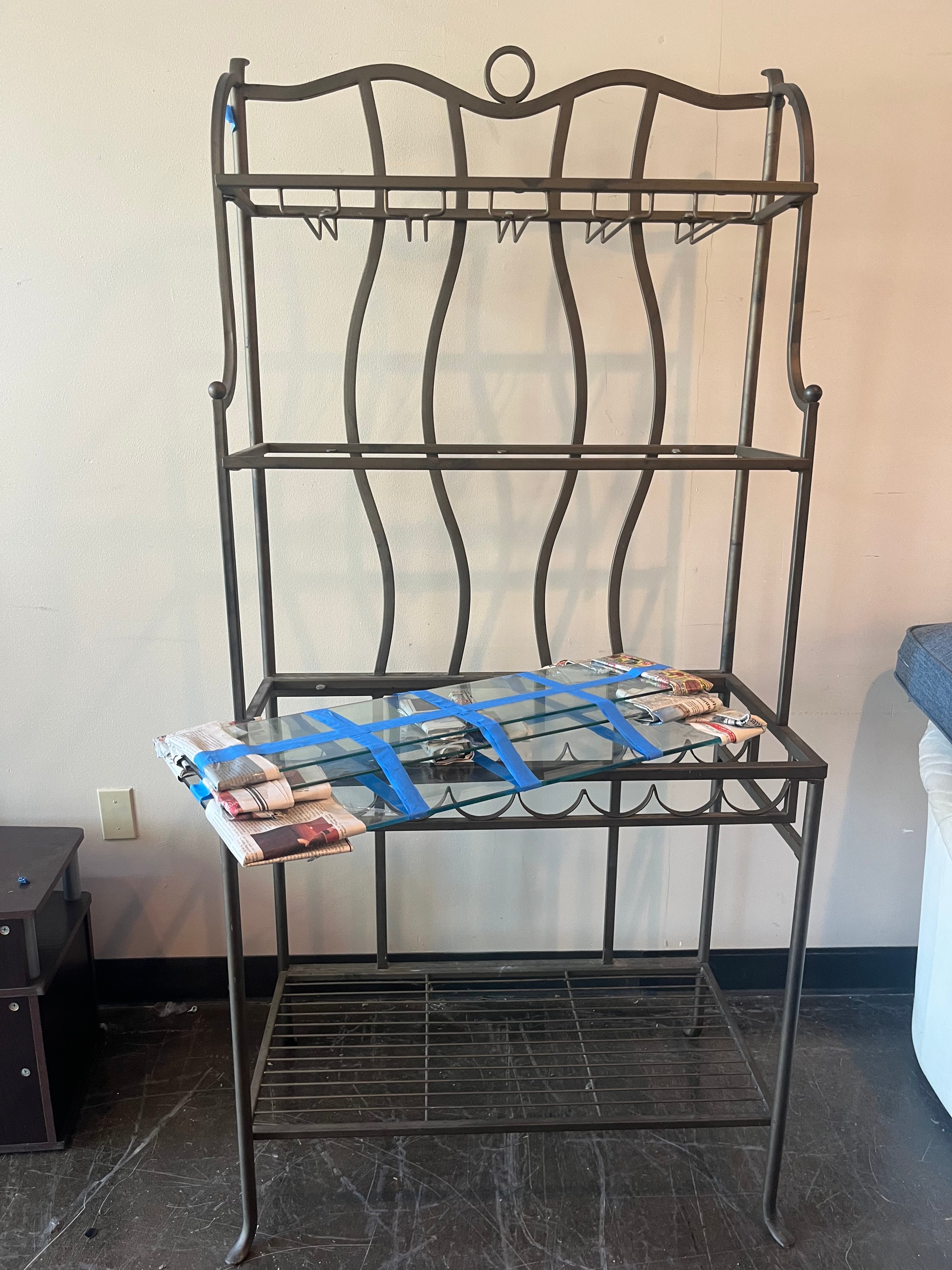 Ornate Metal Baker's Rack with Glass Shelves